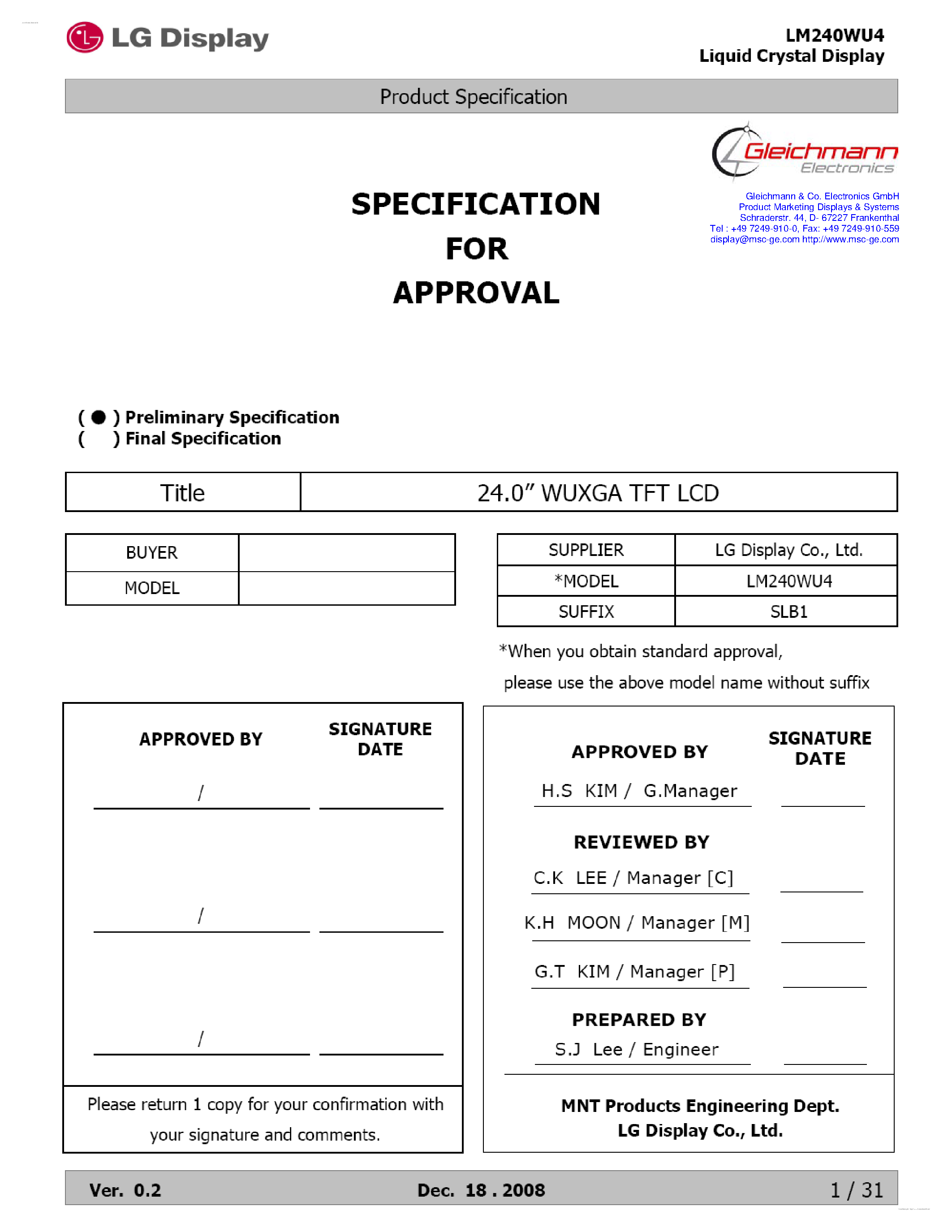 Даташит LM240WU4-SLB1 - Display Module страница 1