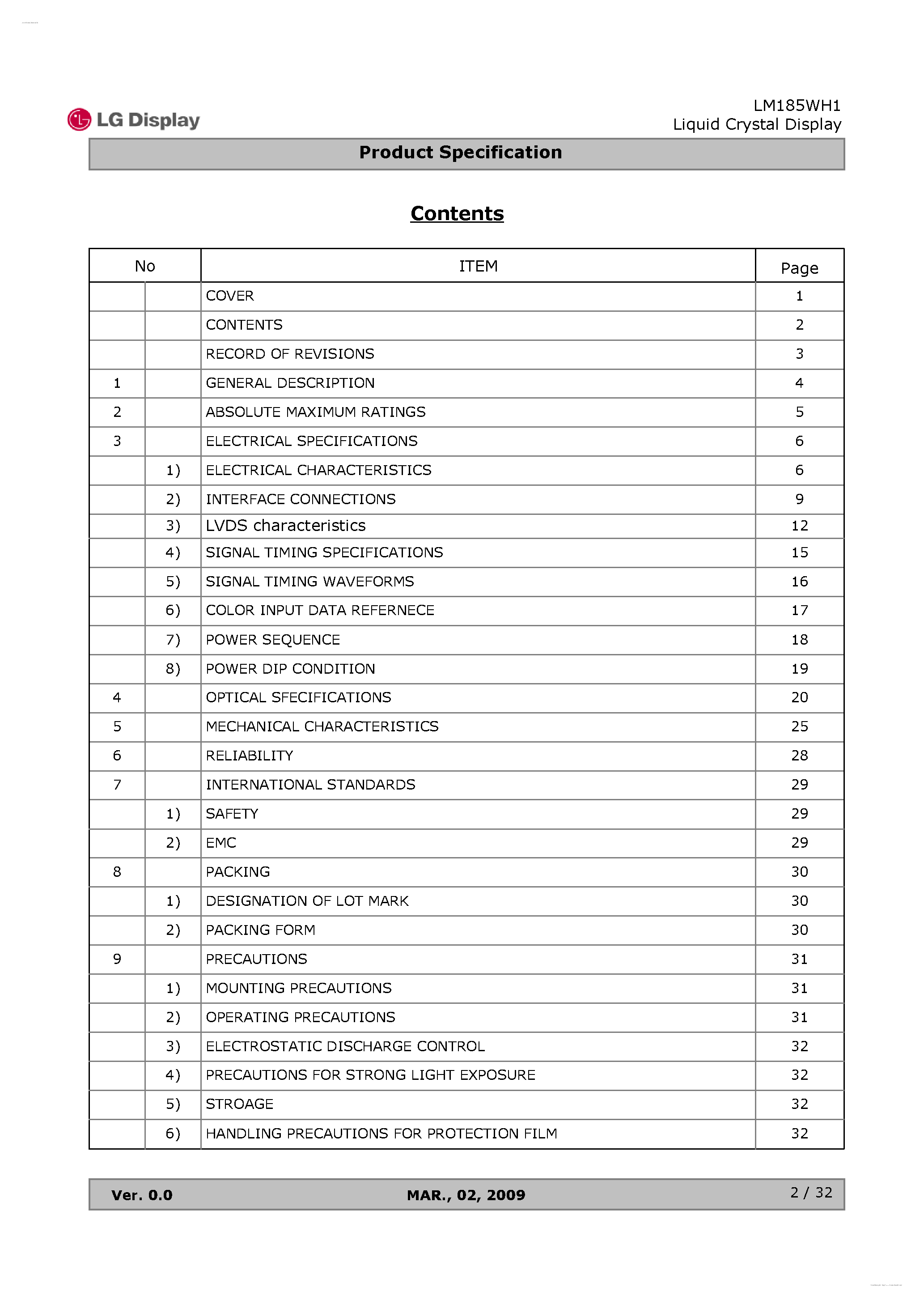 Datasheet LM185WH1-TLB1 - Display Module page 2