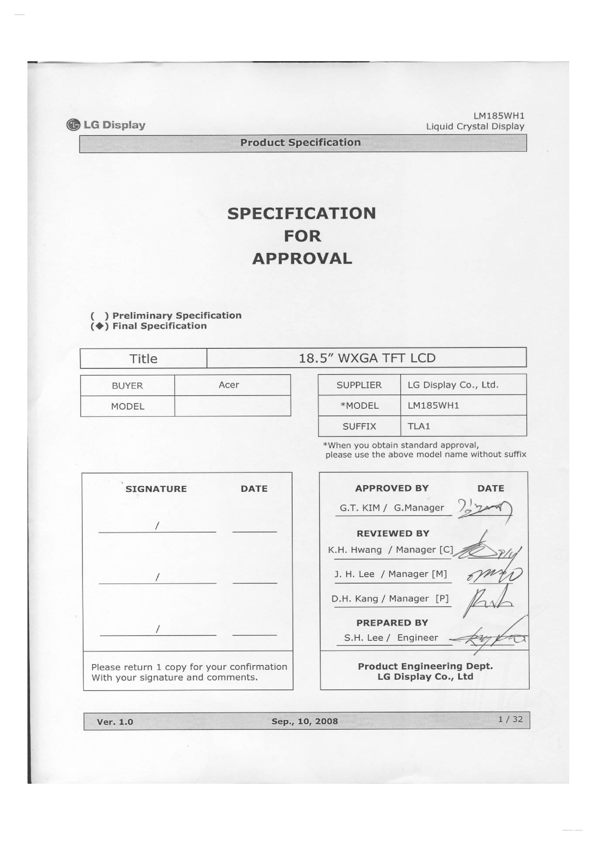 Даташит на микросхему LM185WH1-TLA1 страница 1 Даташит LM185WH1-TLA1 - Display Module страница 1