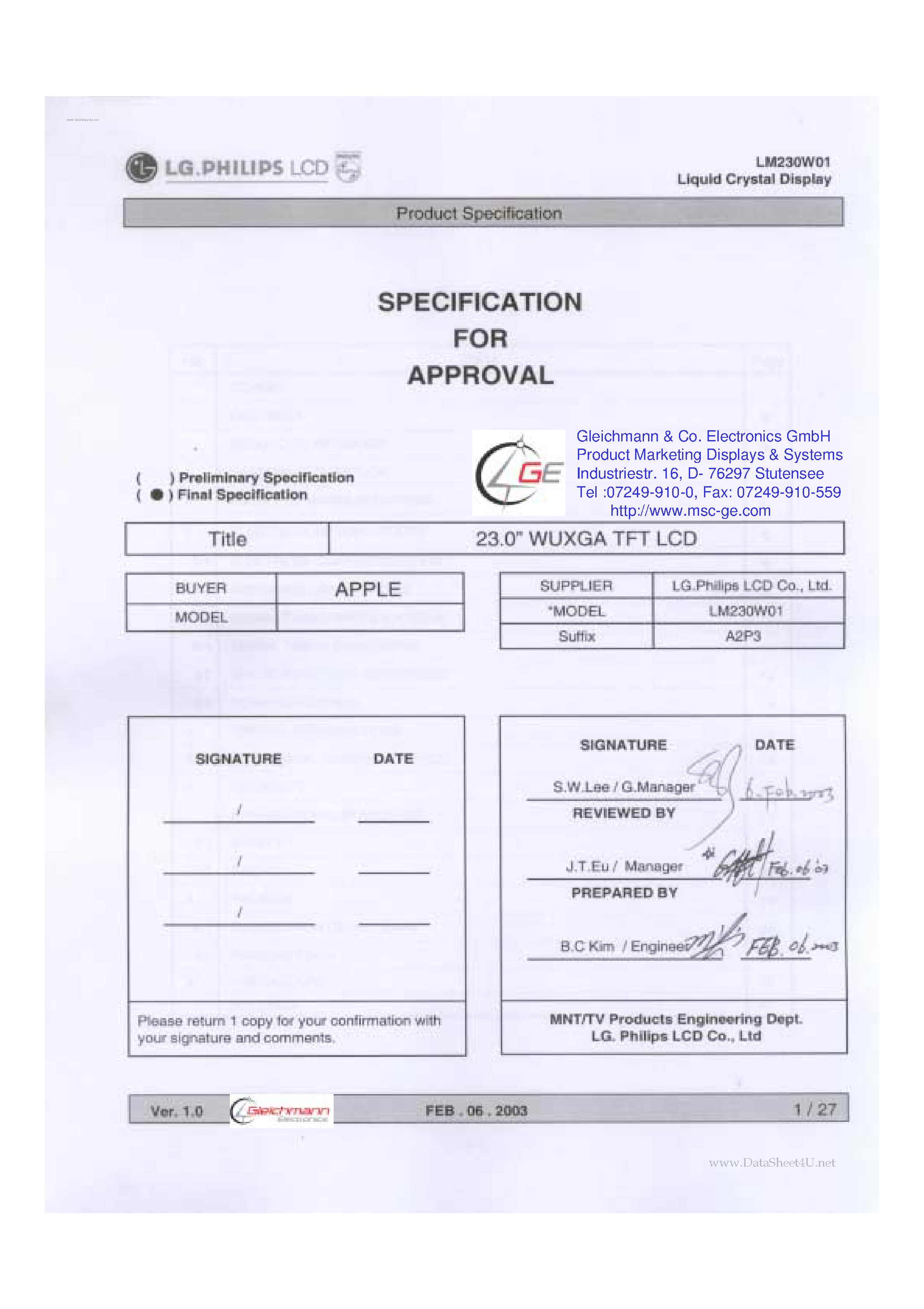 Даташит LM230W01 - Display Module страница 1