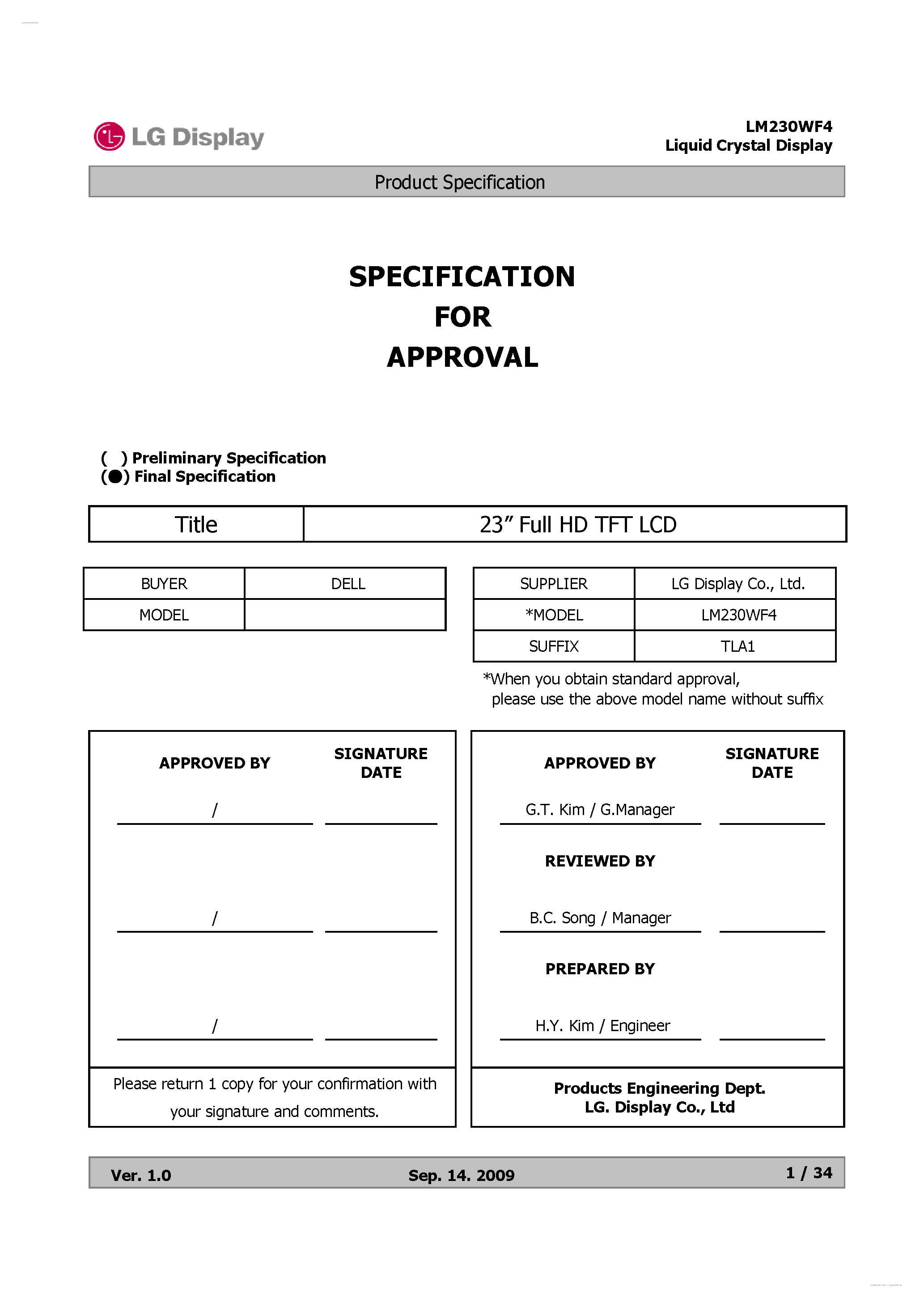 Даташит LM230WF4-TLA1 - Display Module страница 1