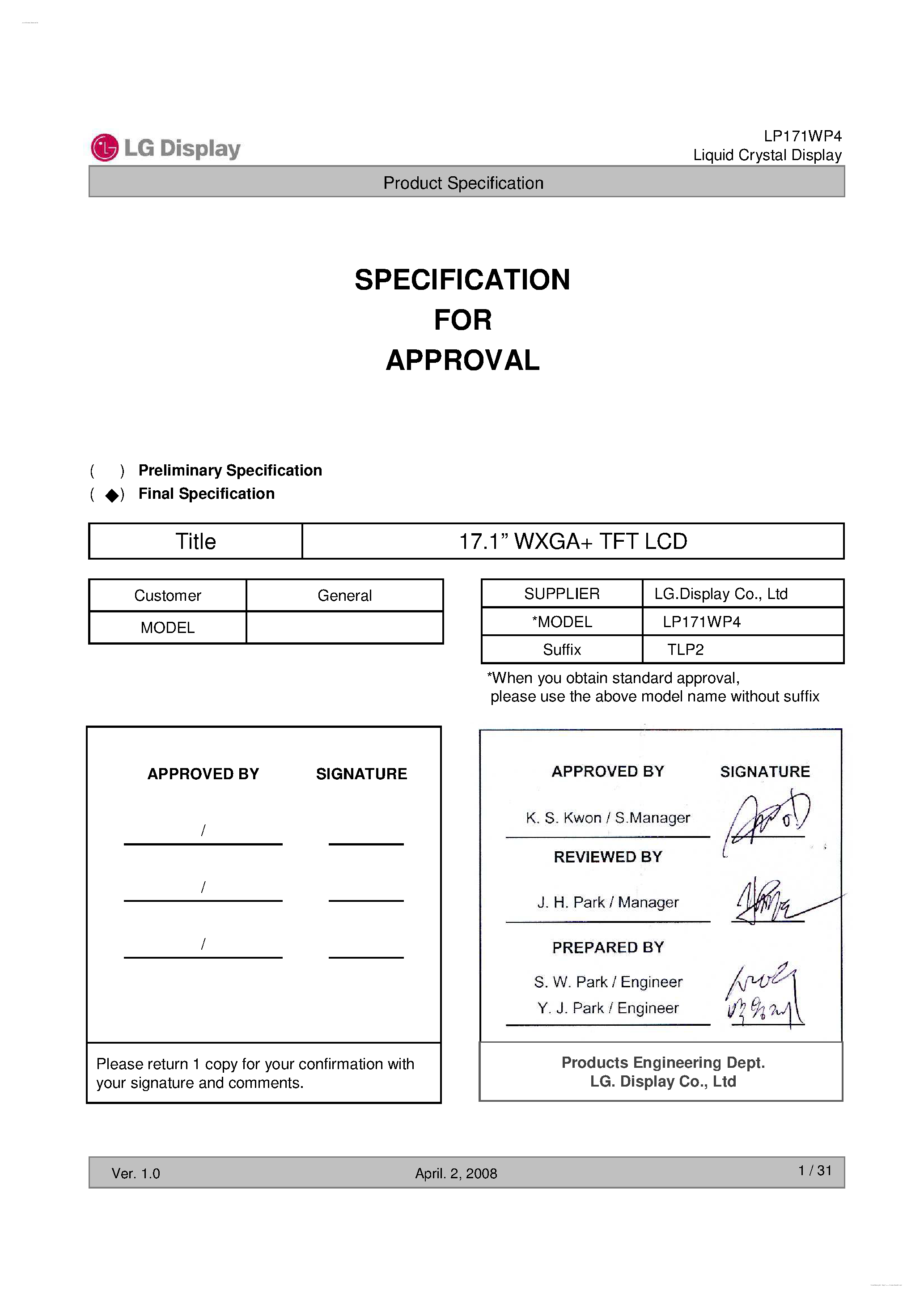 Datasheet LP171WP4-TLP2 page 1 Datasheet LP171WP4-TLP2 - Display Module page 1