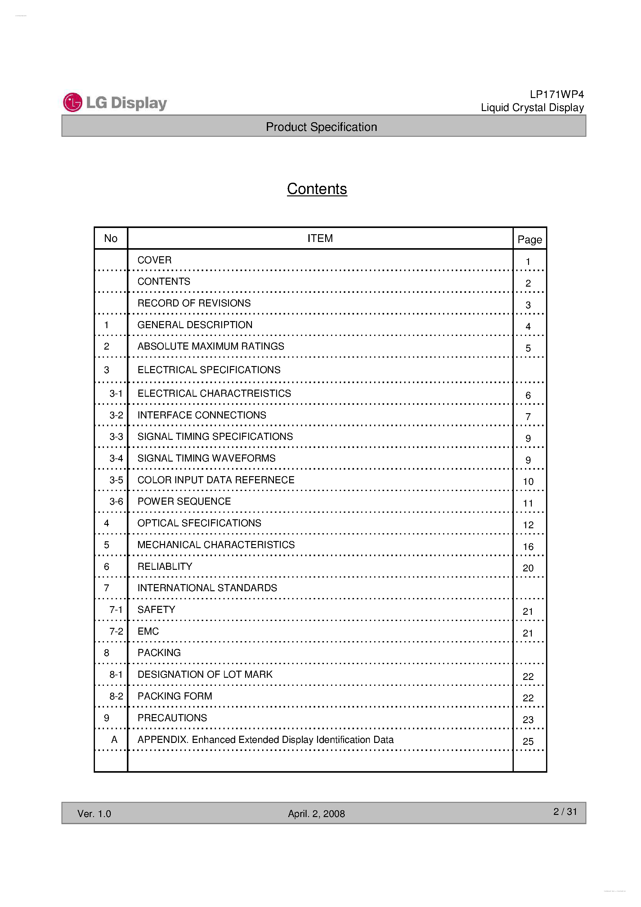 Datasheet LP171WP4-TLP2 page 2 Datasheet LP171WP4-TLP2 - Display Module page 2