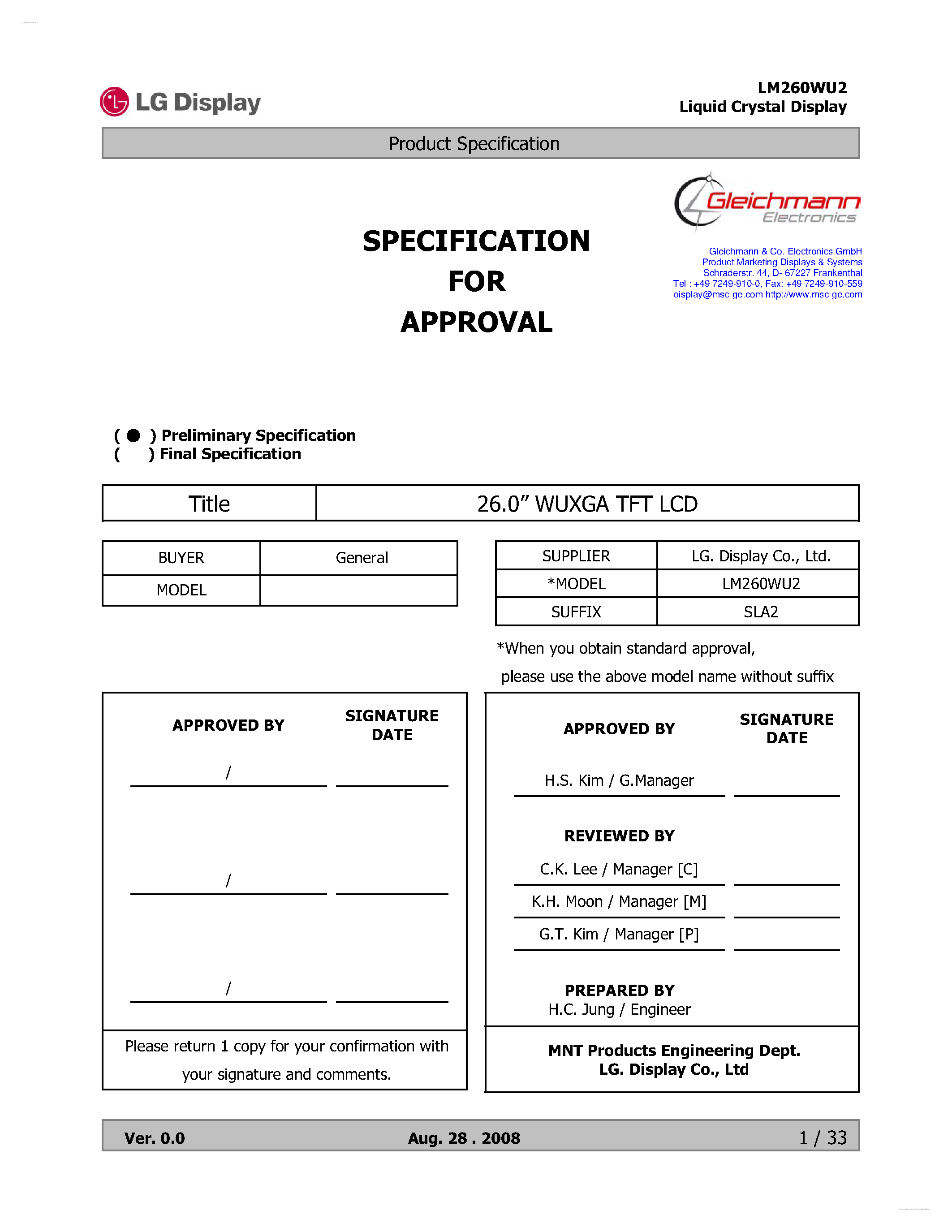 Datasheet LM260WU2-SLA2 - Display Module page 1