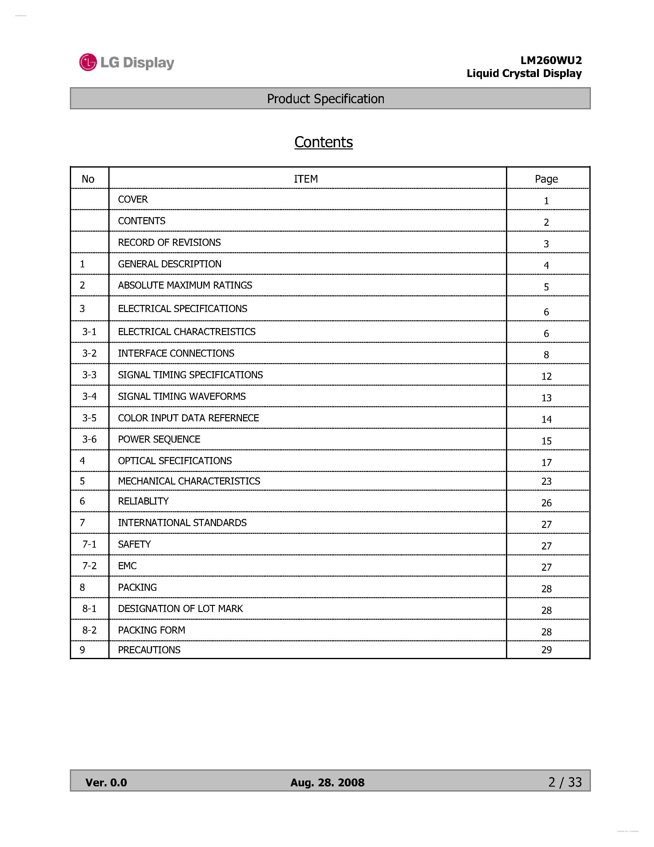 Datasheet LM260WU2-SLA2 - Display Module page 2