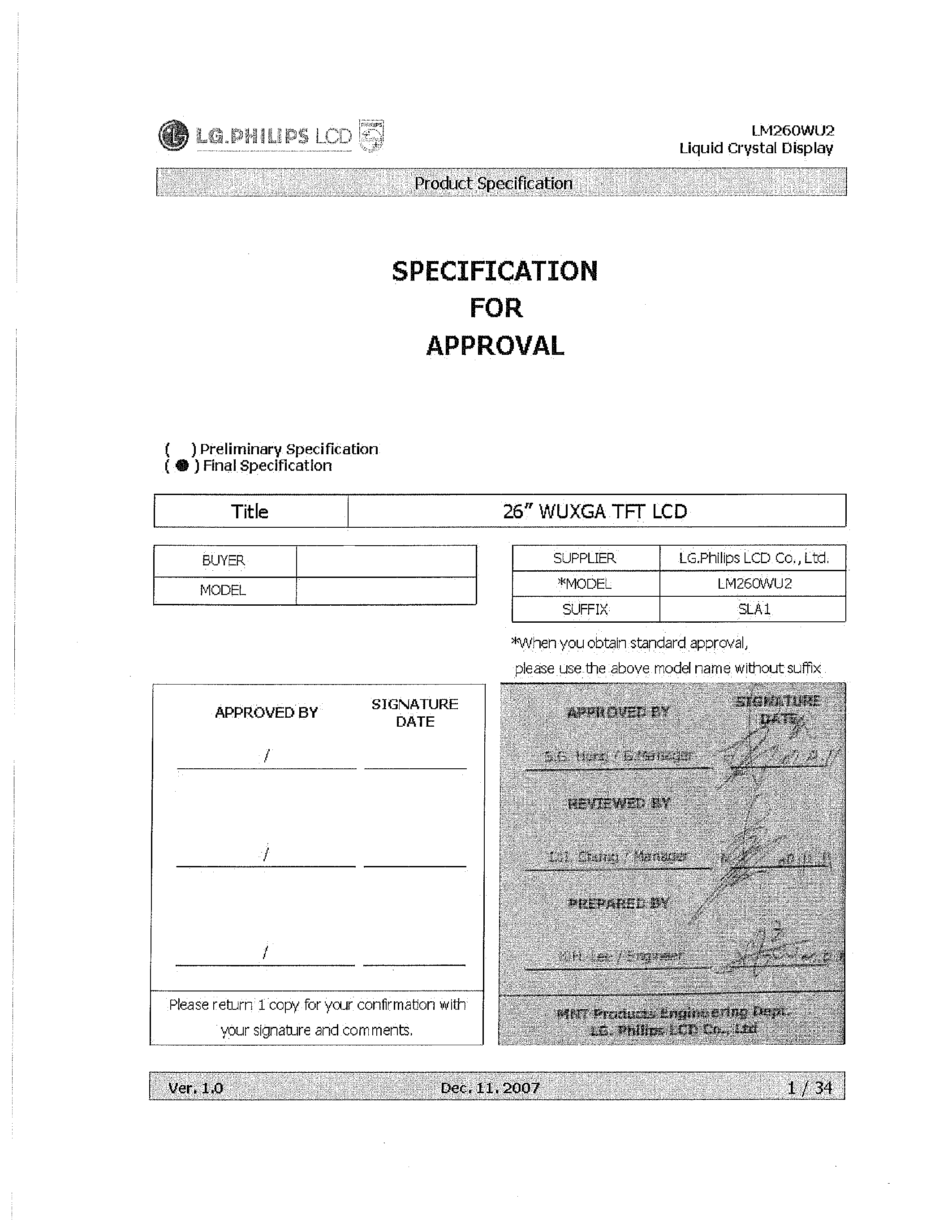 Datasheet LM260WU2-SLA1 - Display Module page 1