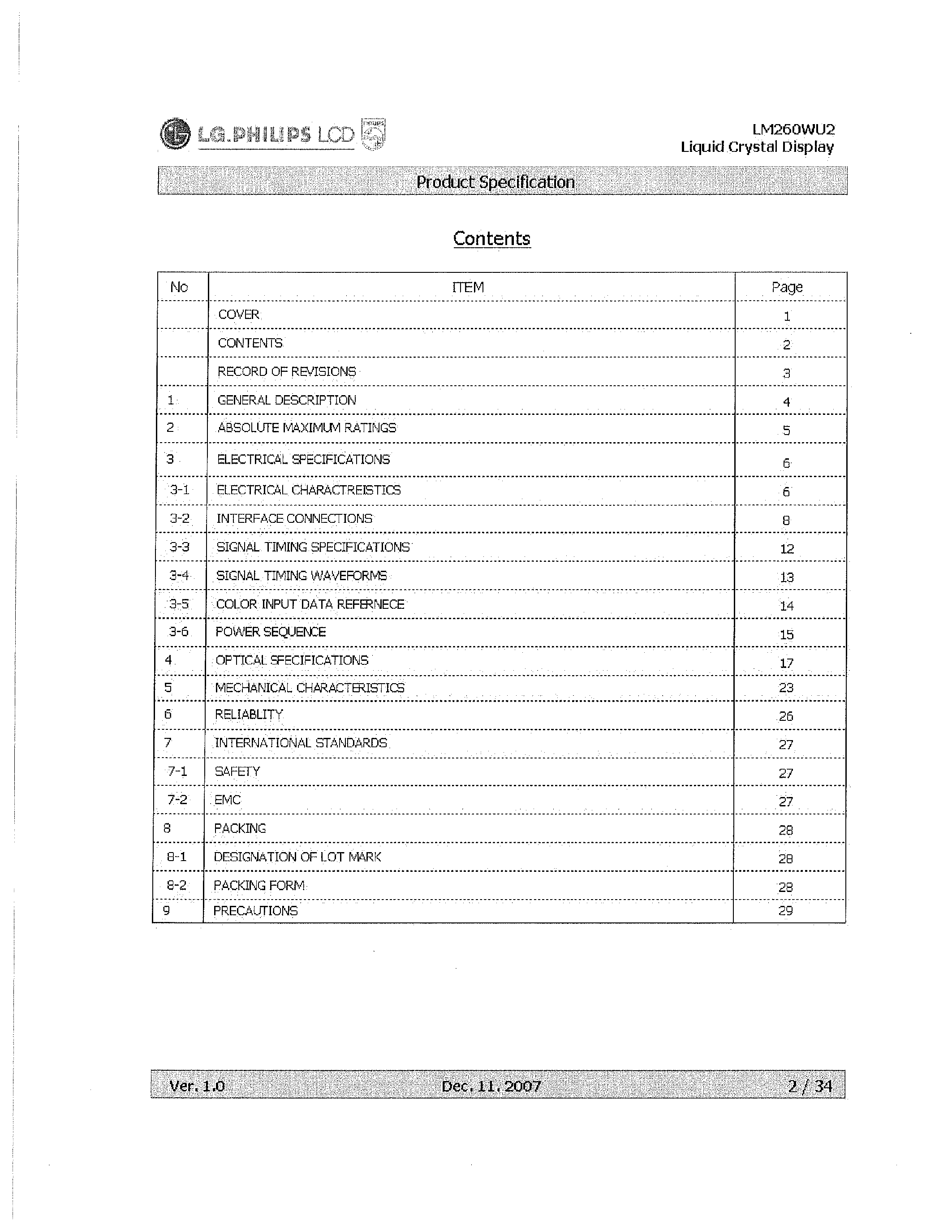 Datasheet LM260WU2-SLA1 - Display Module page 2