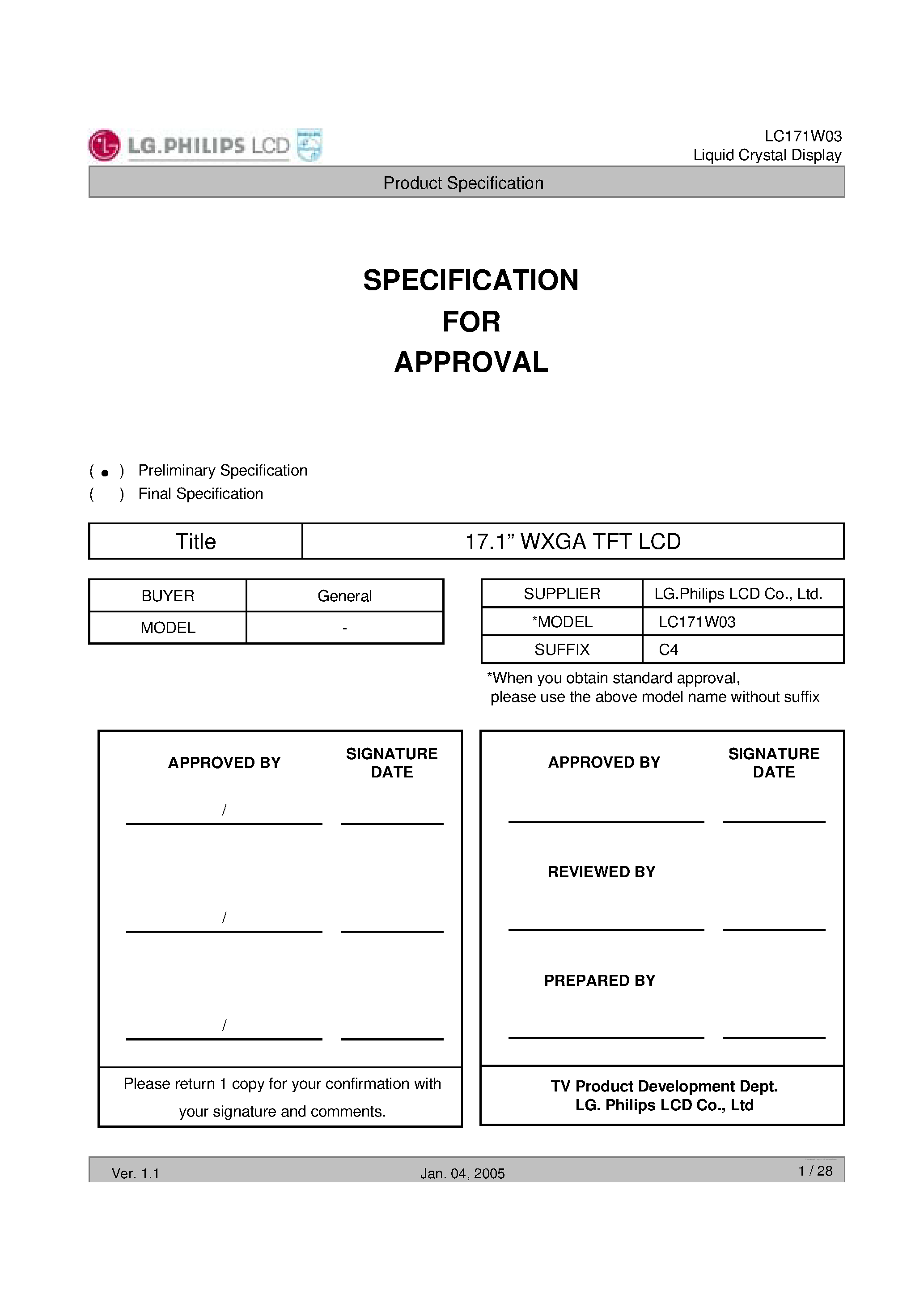 Datasheet LC171W03-C4 page 1 Datasheet LC171W03-C4 - Display Module page 1
