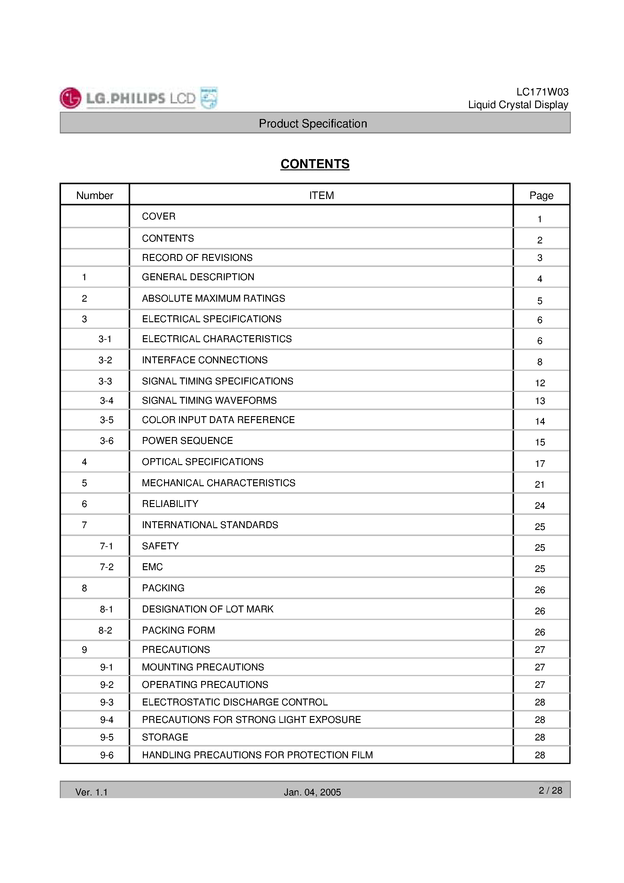 Datasheet LC171W03-C4 page 2 Datasheet LC171W03-C4 - Display Module page 2