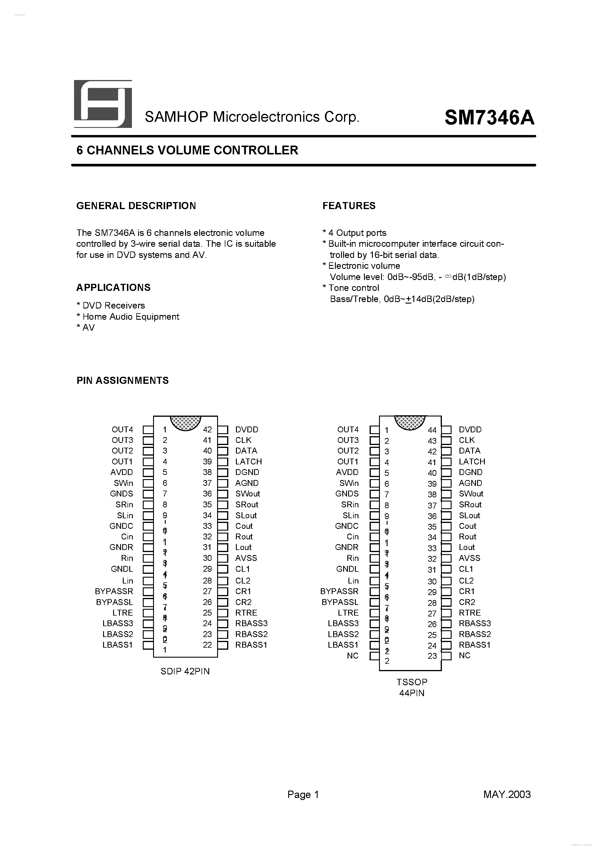 Datasheet SM7346A page 1 Datasheet SM7346A - 6 CHANNELS VOLUME CONTROLLER page 1