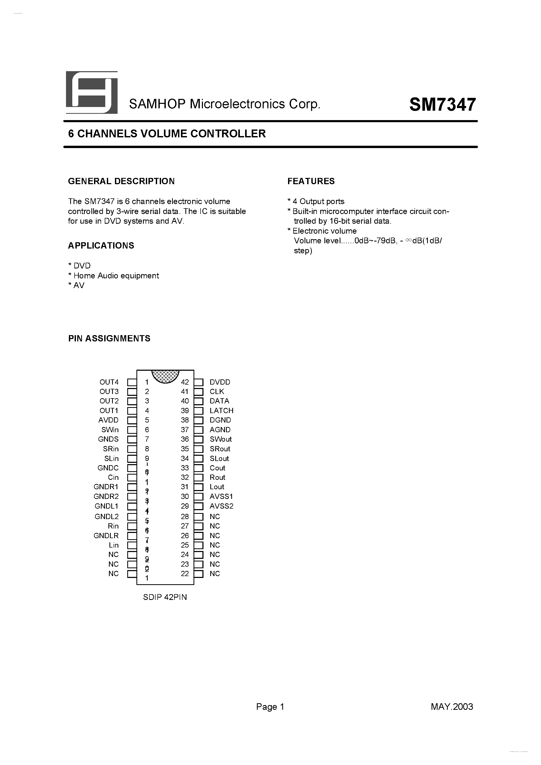 Datasheet SM7347 page 1 Datasheet SM7347 - 6 CHANNELS VOLUME CONTROLLER page 1