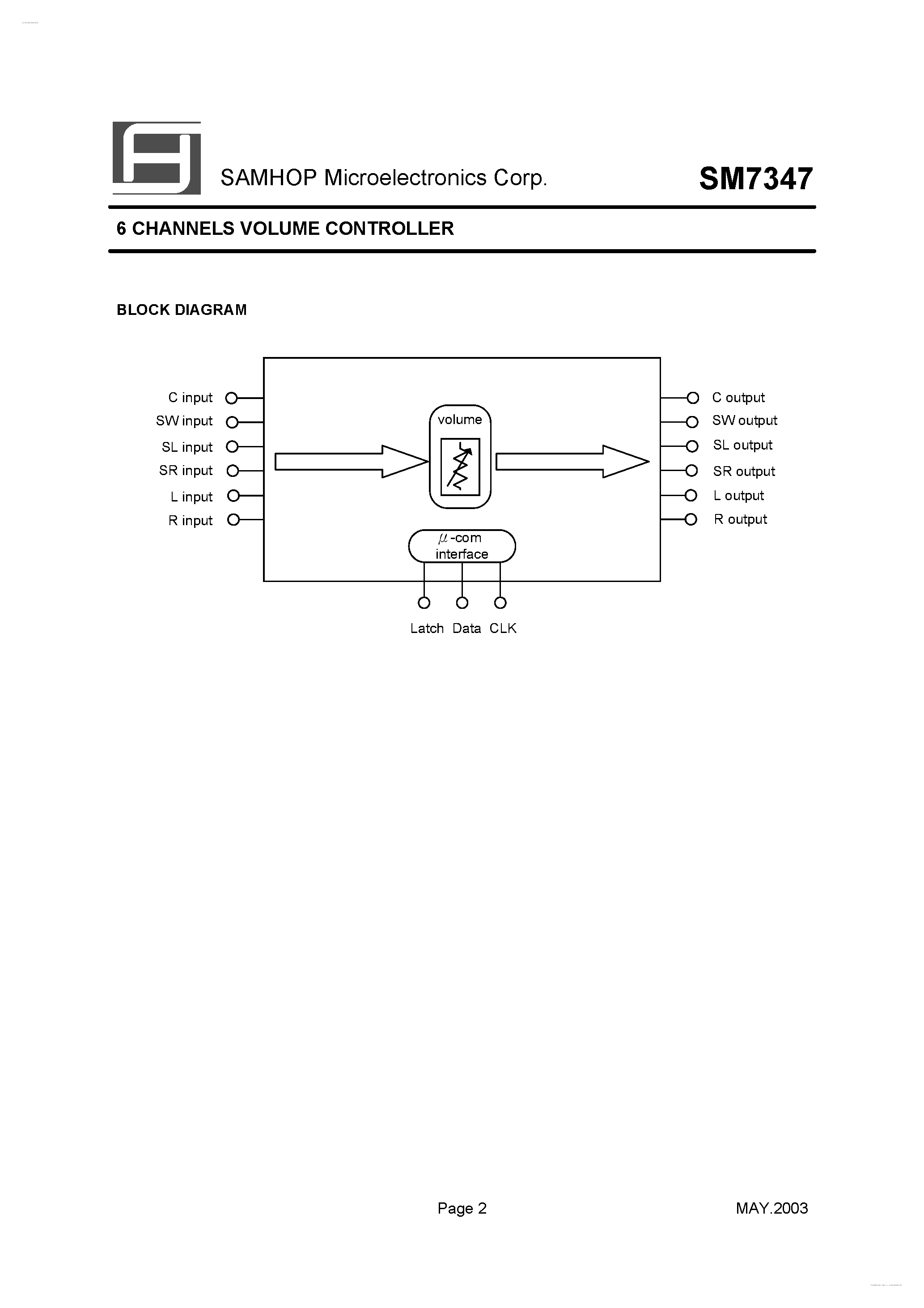 Datasheet SM7347 page 2 Datasheet SM7347 - 6 CHANNELS VOLUME CONTROLLER page 2