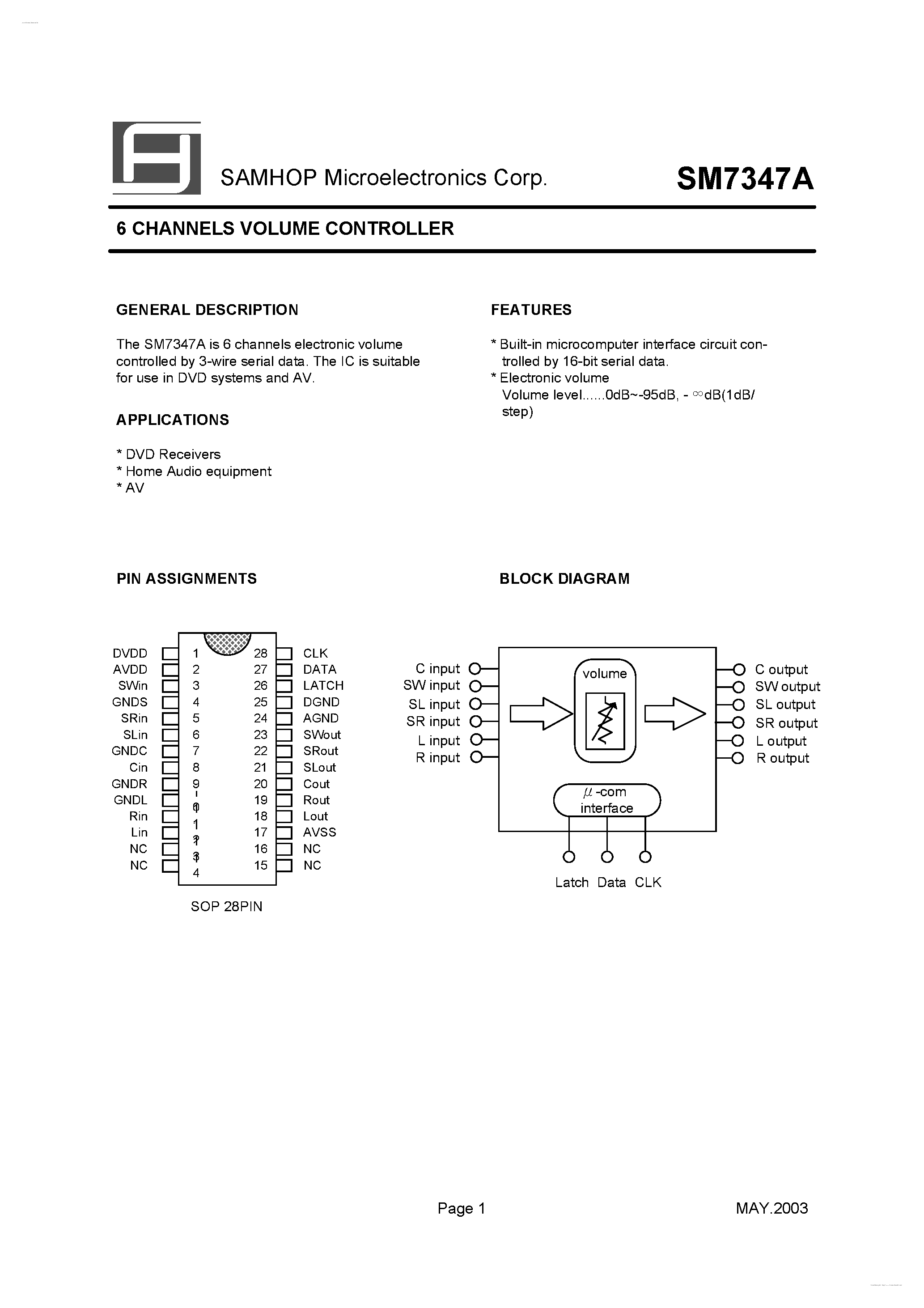 Datasheet SM7347A page 1 Datasheet SM7347A - 6 CHANNELS VOLUME CONTROLLER page 1