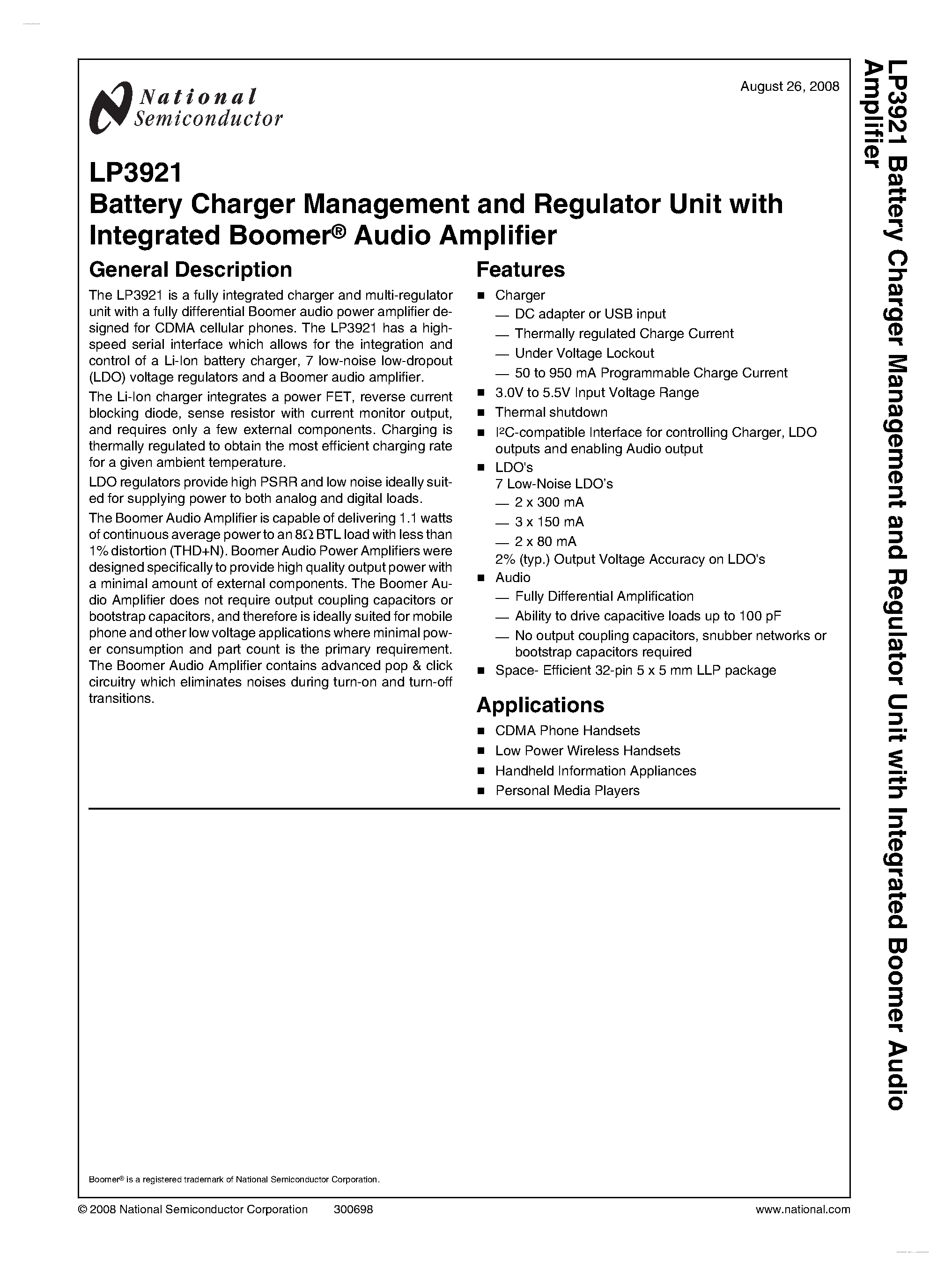 Datasheet LP3921 - Battery Charger Management and Regulator Unit page 1