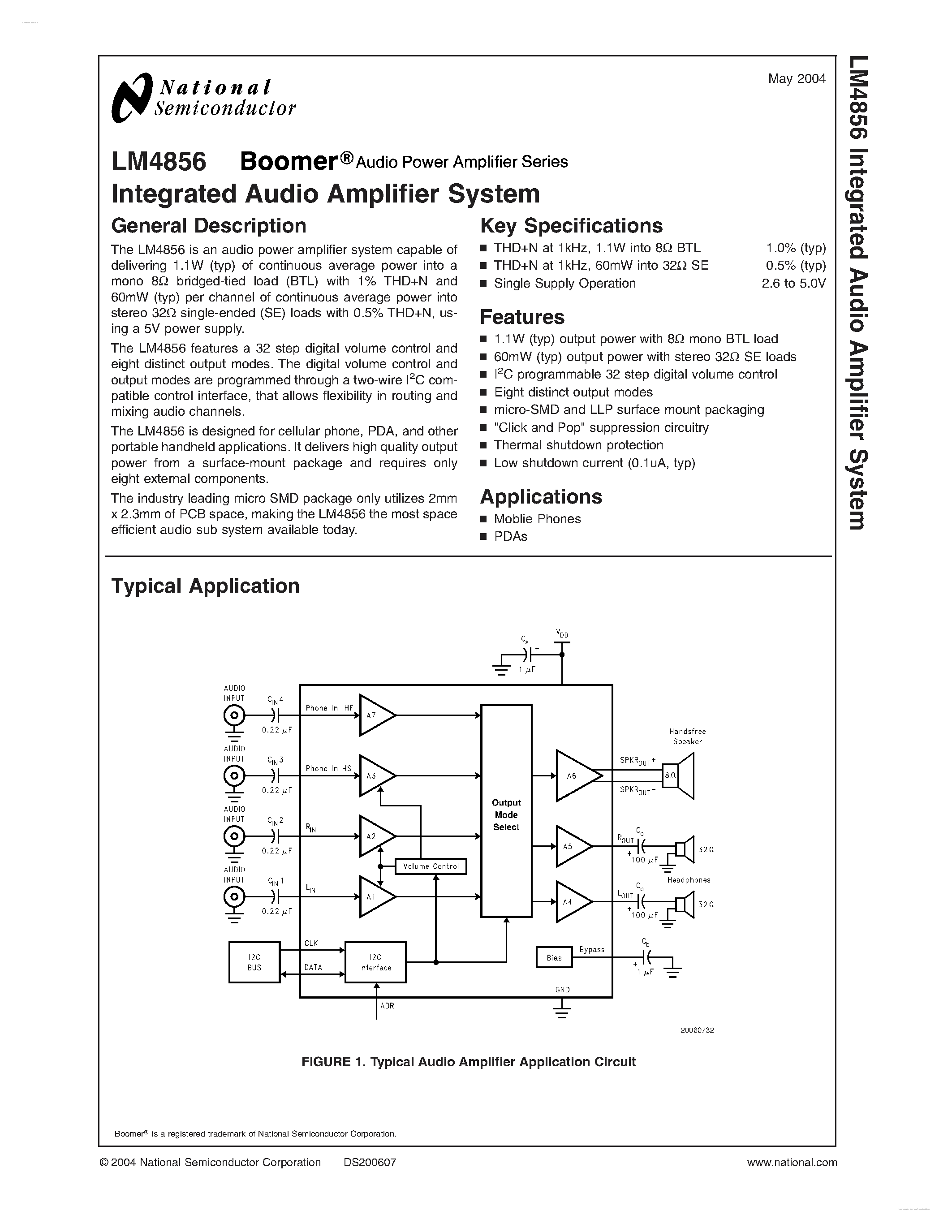 Datasheet LM4856 page 1 Datasheet LM4856 - Integrated Audio Amplifier System page 1
