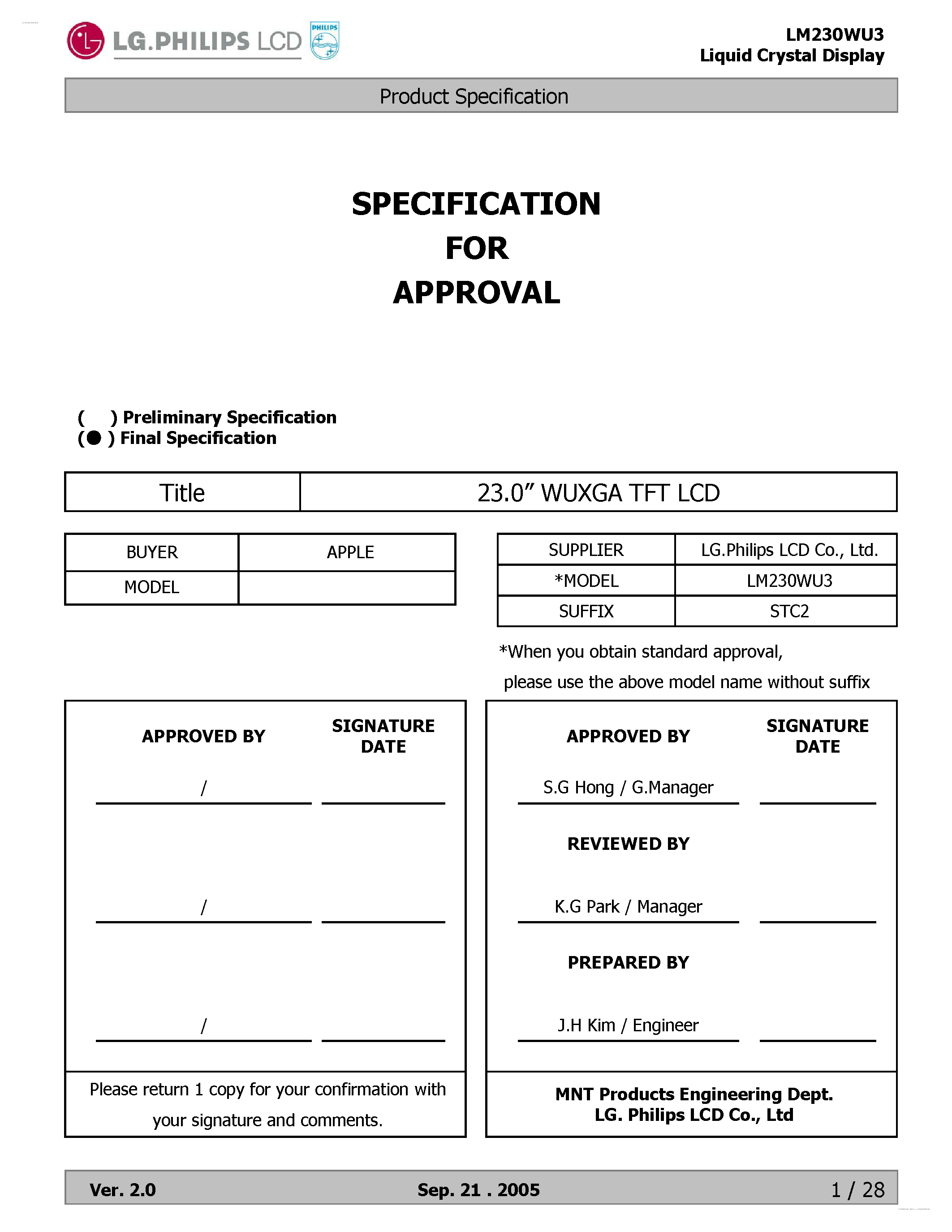 Даташит LM230WU3-STC2 - Display Module страница 1