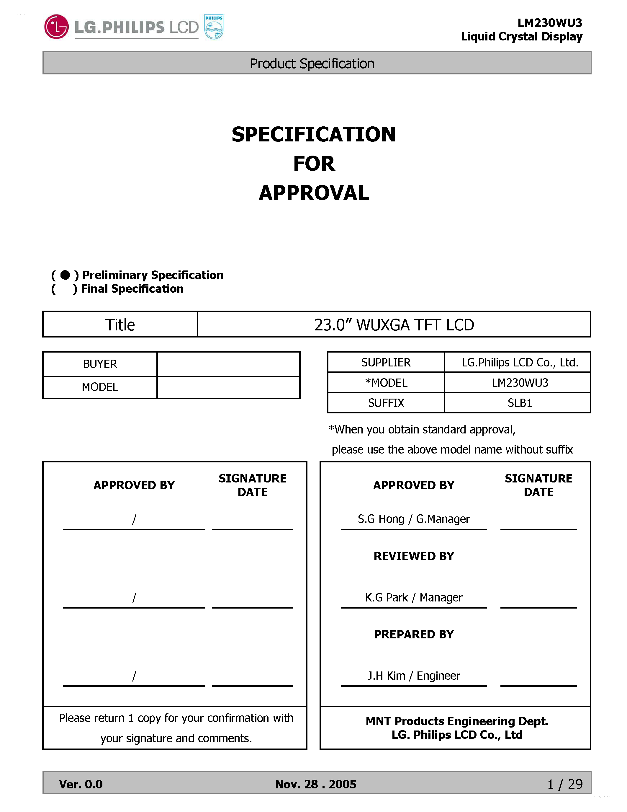 Даташит LM230WU3-SLB1 - Display Module страница 1