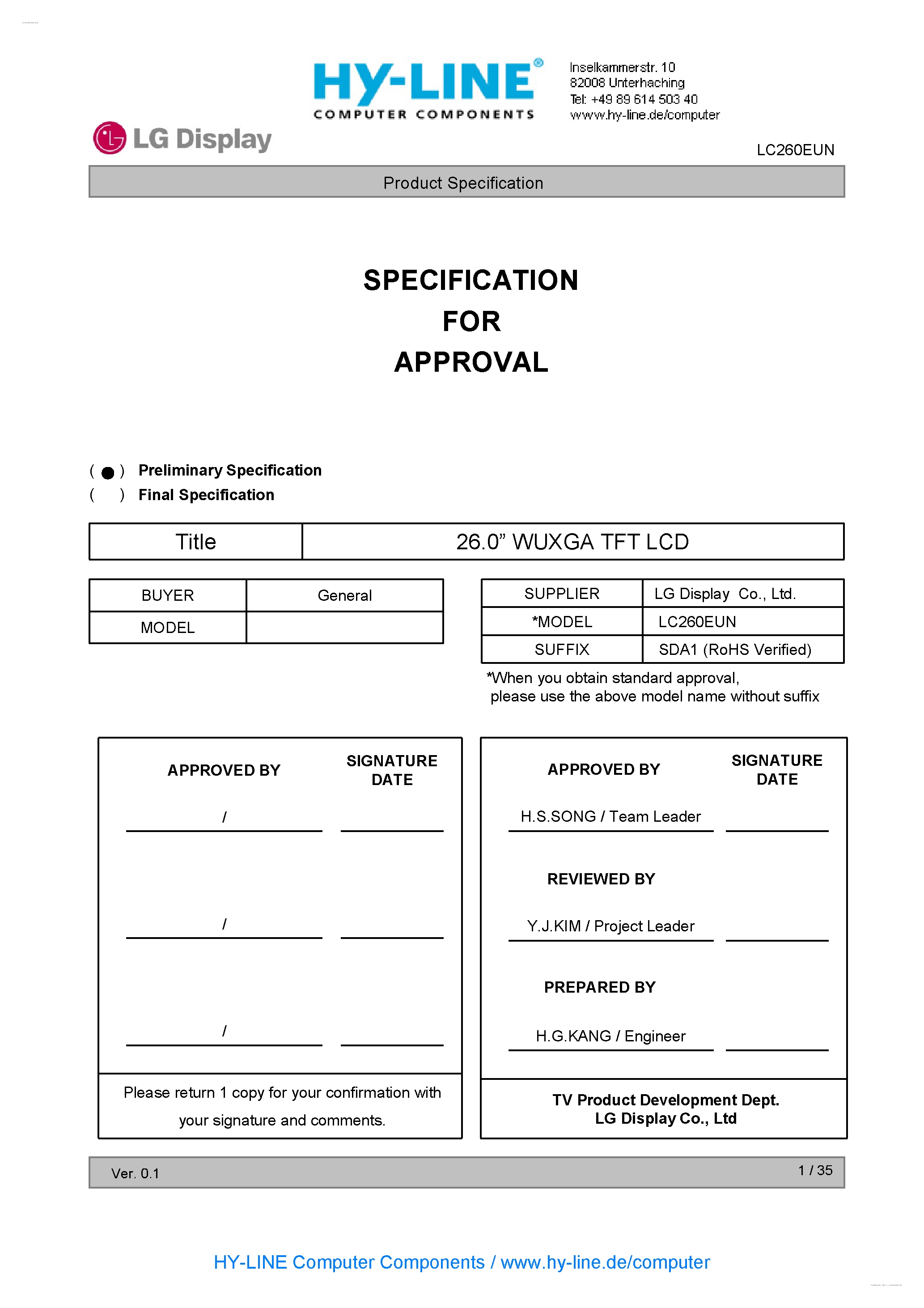 Datasheet LC260EUN-SDA1 page 2 Datasheet LC260EUN-SDA1 - Display Module page 2