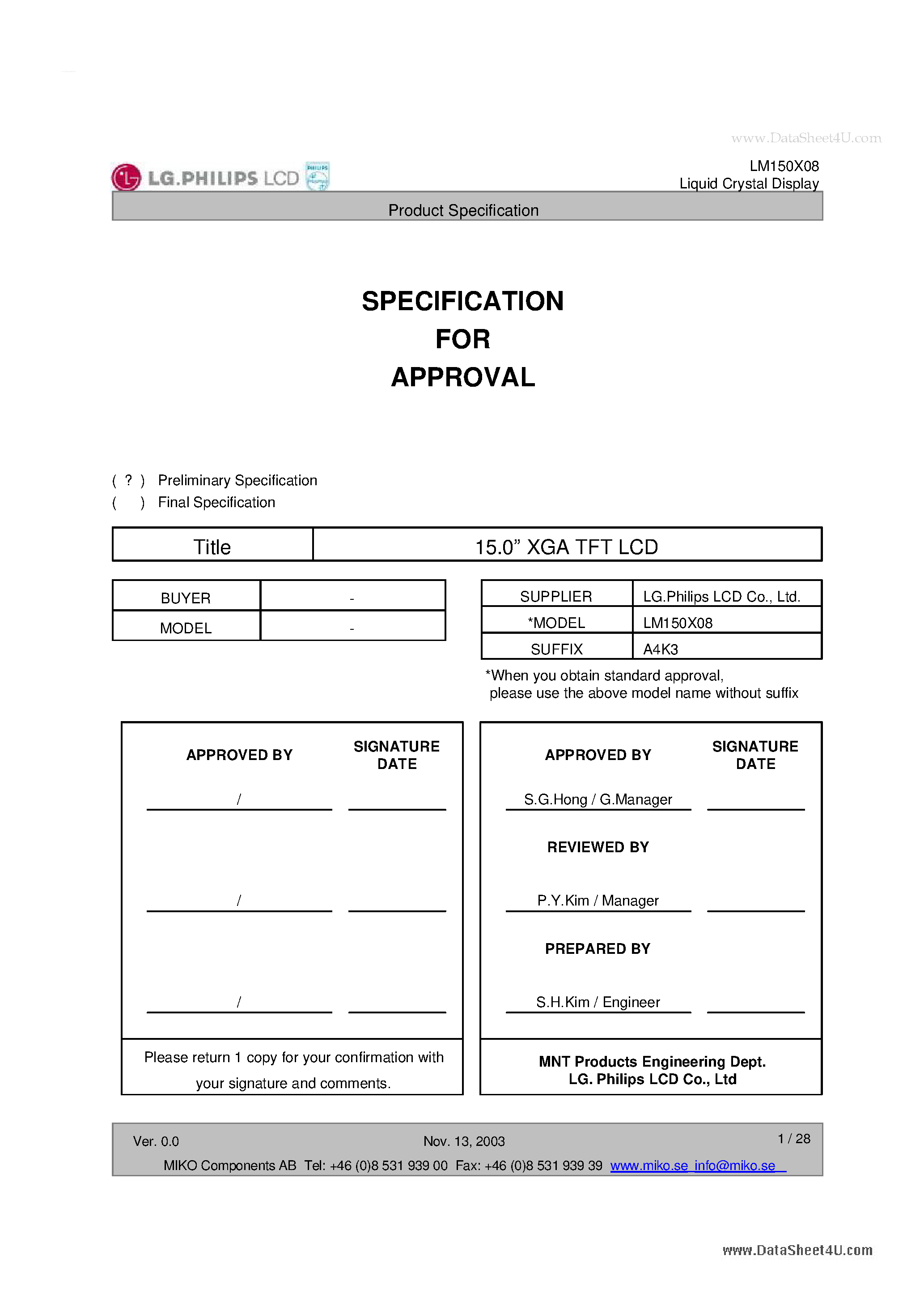Datasheet LM150X08 page 1 Datasheet LM150X08 - Display Module page 1