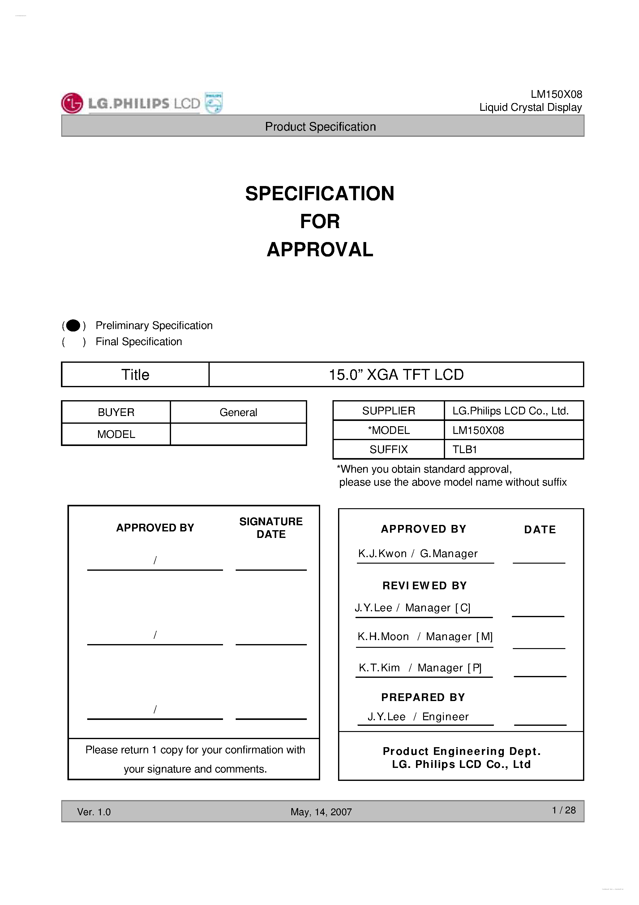 Datasheet LM150X08-TLB1 page 1 Datasheet LM150X08-TLB1 - Display Module page 1