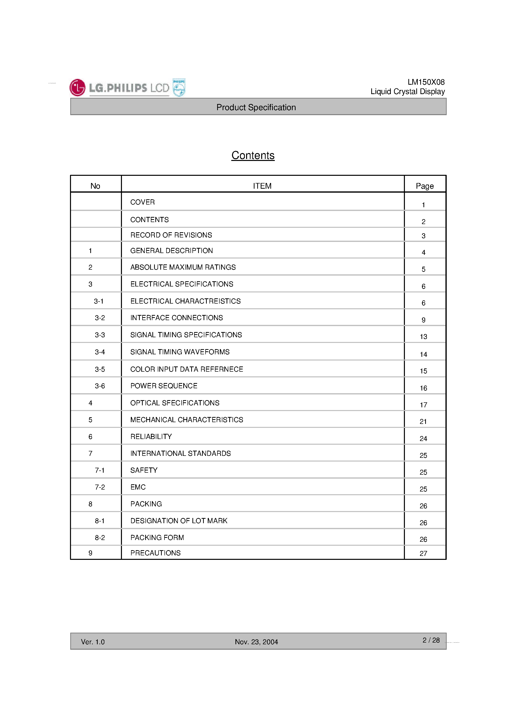Datasheet LM150X08-B4 page 2 Datasheet LM150X08-B4 - Display Module page 2