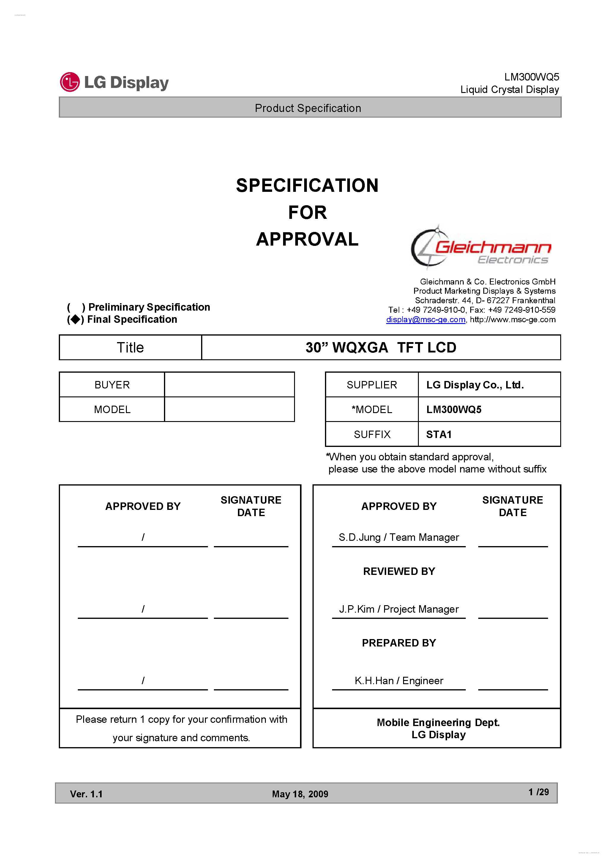 Datasheet LM300WQ5-STA1 page 1 Datasheet LM300WQ5-STA1 - Display Module page 1