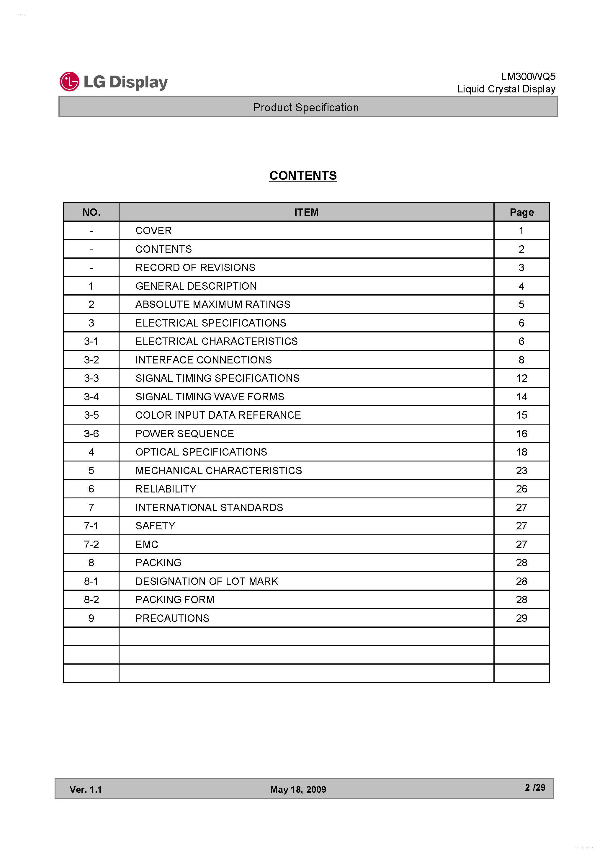 Datasheet LM300WQ5-STA1 page 2 Datasheet LM300WQ5-STA1 - Display Module page 2
