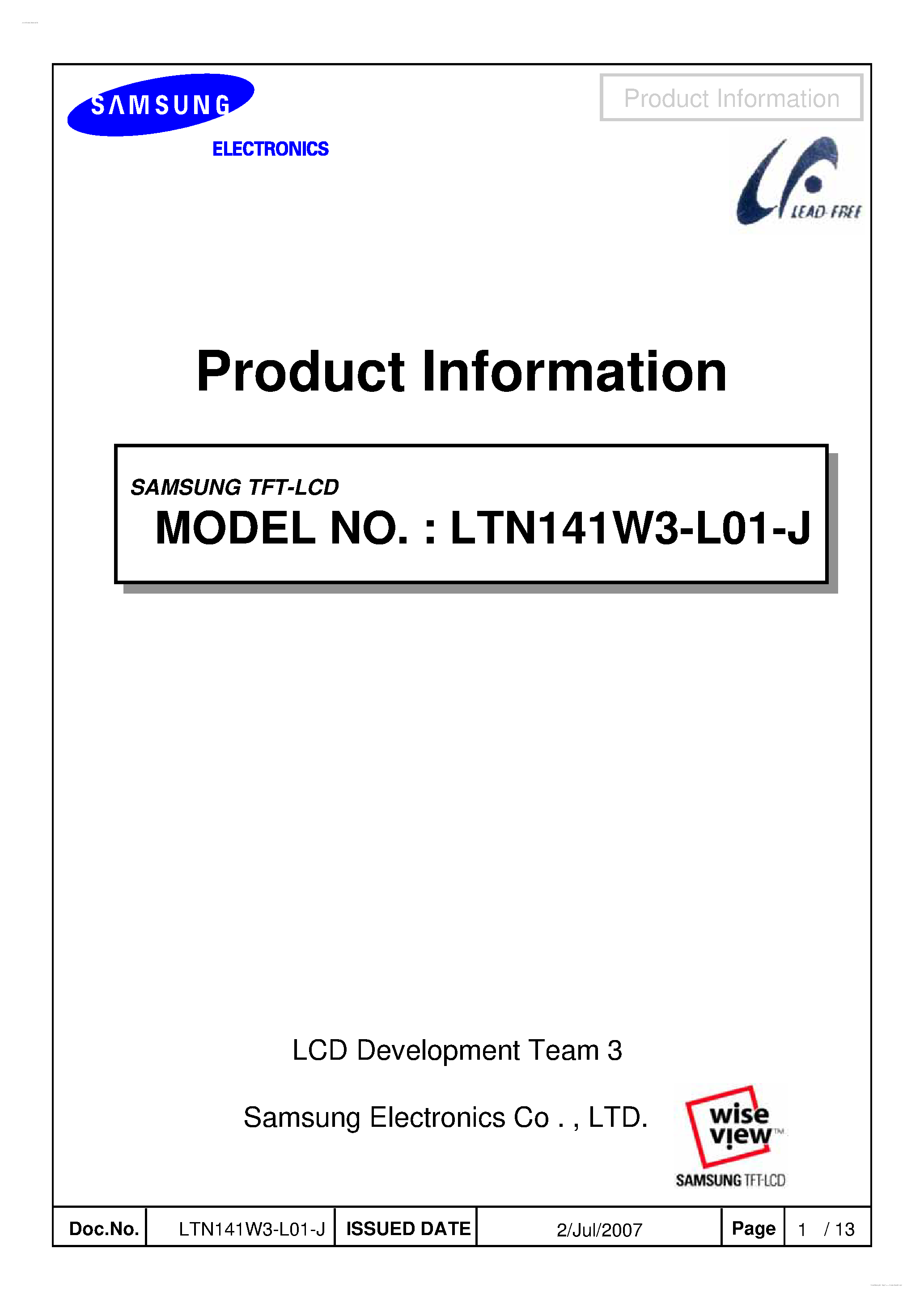 Datasheet LTN141W3-L01-J page 1 Datasheet LTN141W3-L01-J - Display Module page 1
