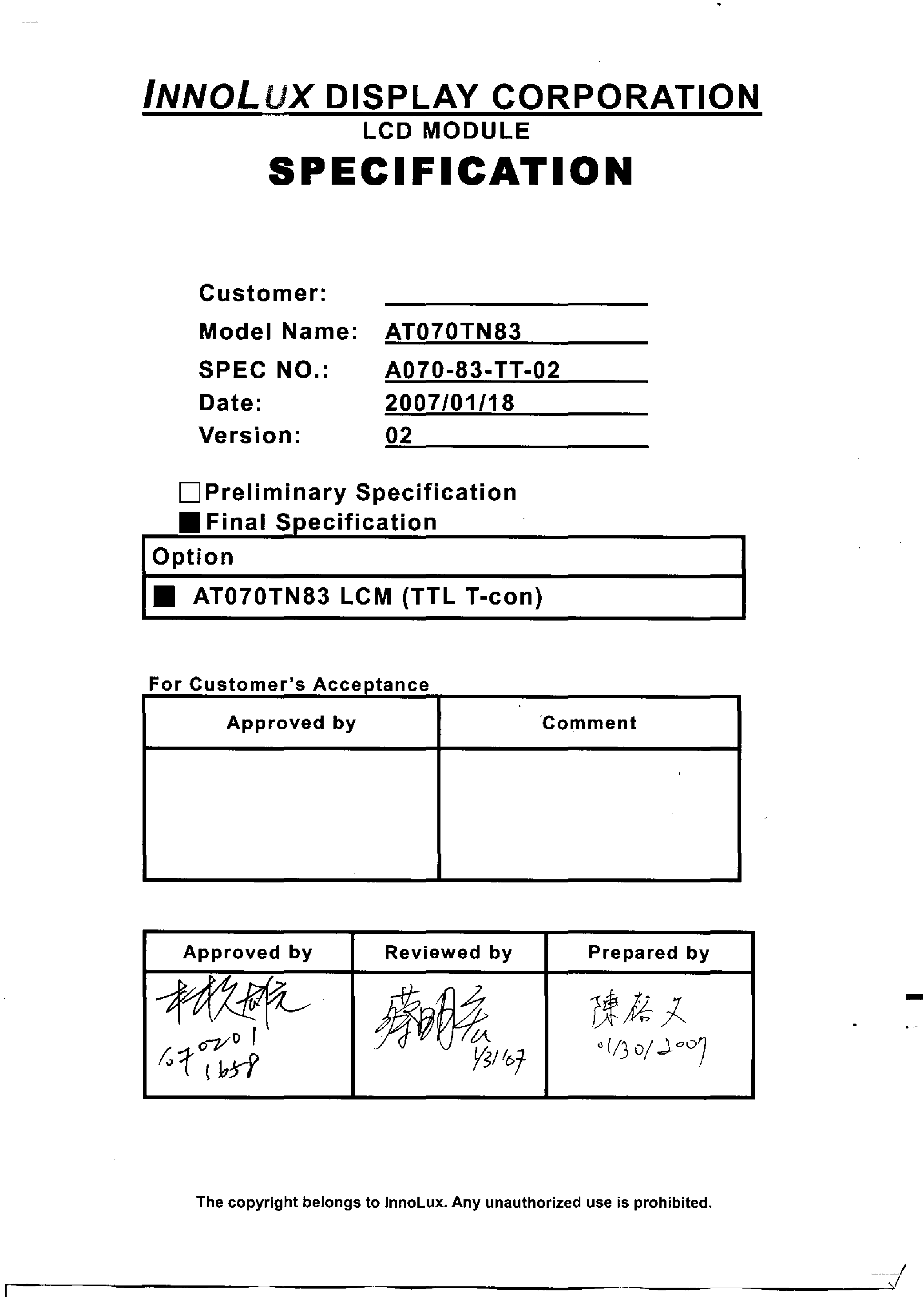 Datasheet AT070TN83V.2 - LCD Module page 1