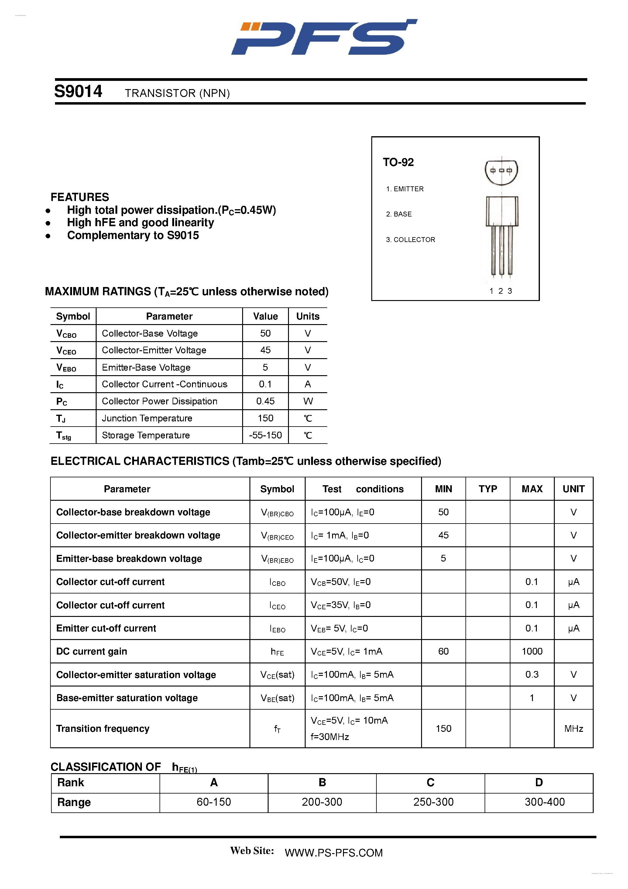 Даташит на микросхему S9014 страница 1 Даташит S9014 - TRANSISTOR страница 1