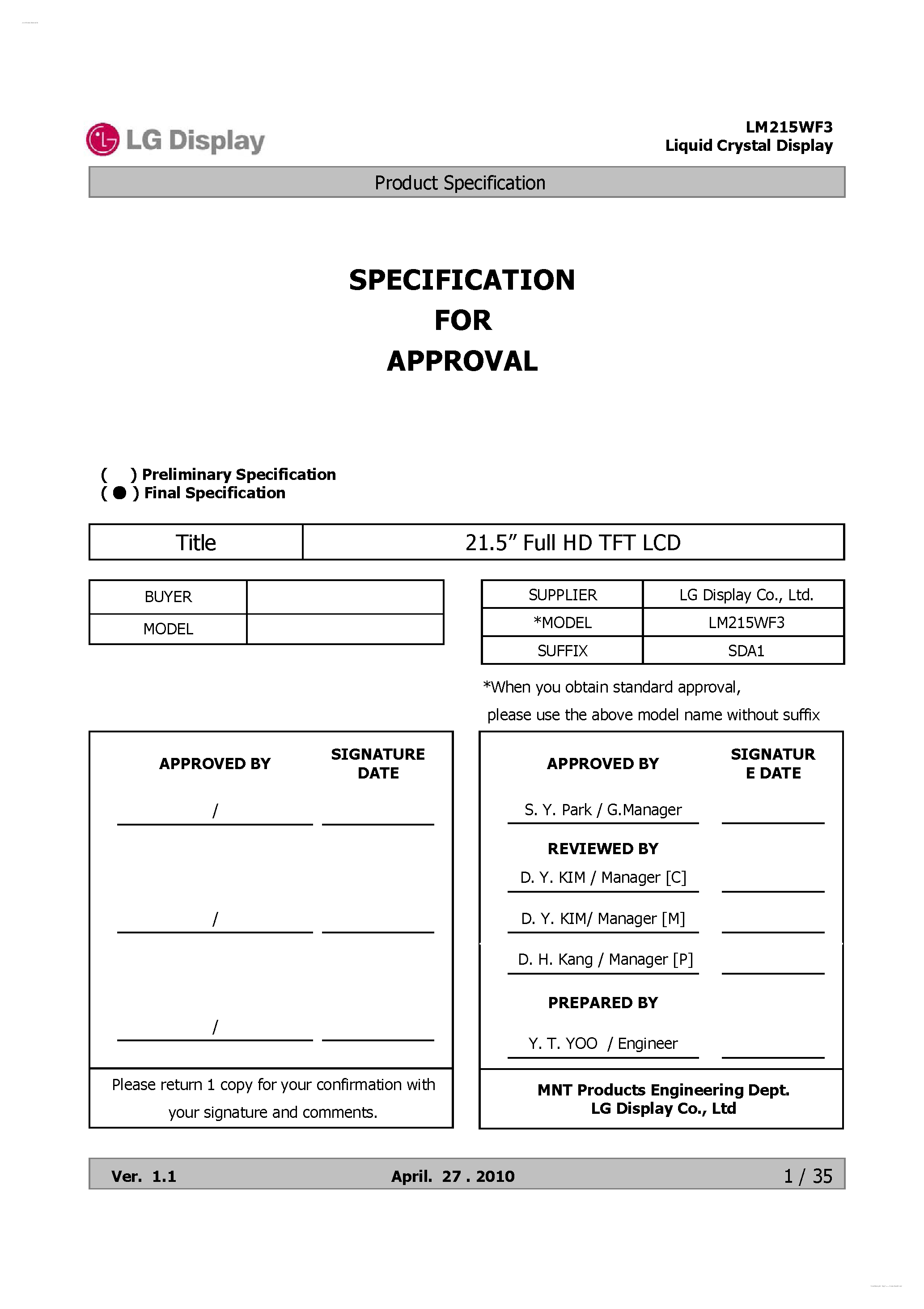 Datasheet LM215WF3-SDA1 page 2 Datasheet LM215WF3-SDA1 - Display Module page 2