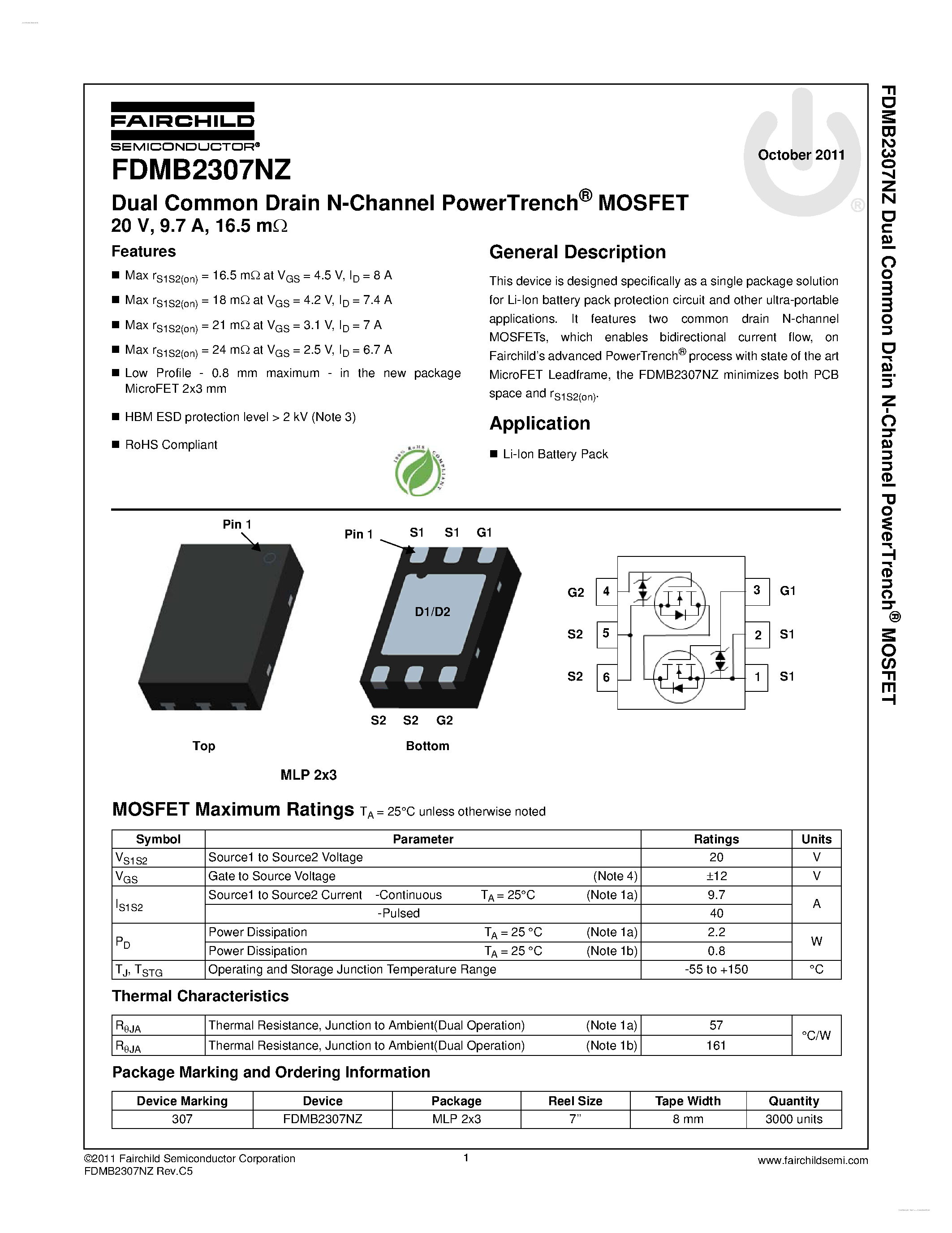 Datasheet FDMB2307NZ - Dual Common Drain N-Channel PowerTrench MOSFET page 1