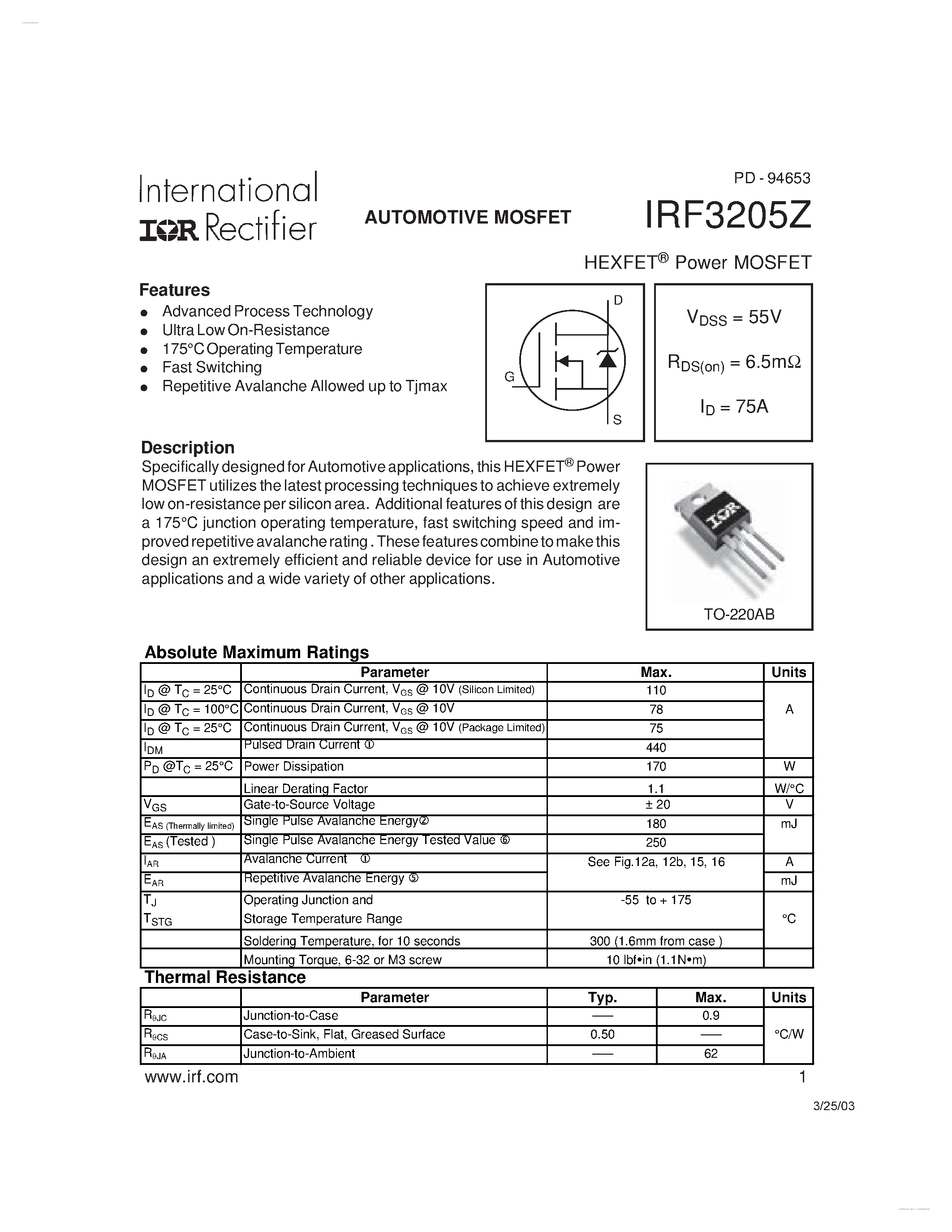 Даташит на микросхему F3205Z страница 1 Даташит F3205Z - Search -----> IRF3205Z страница 1