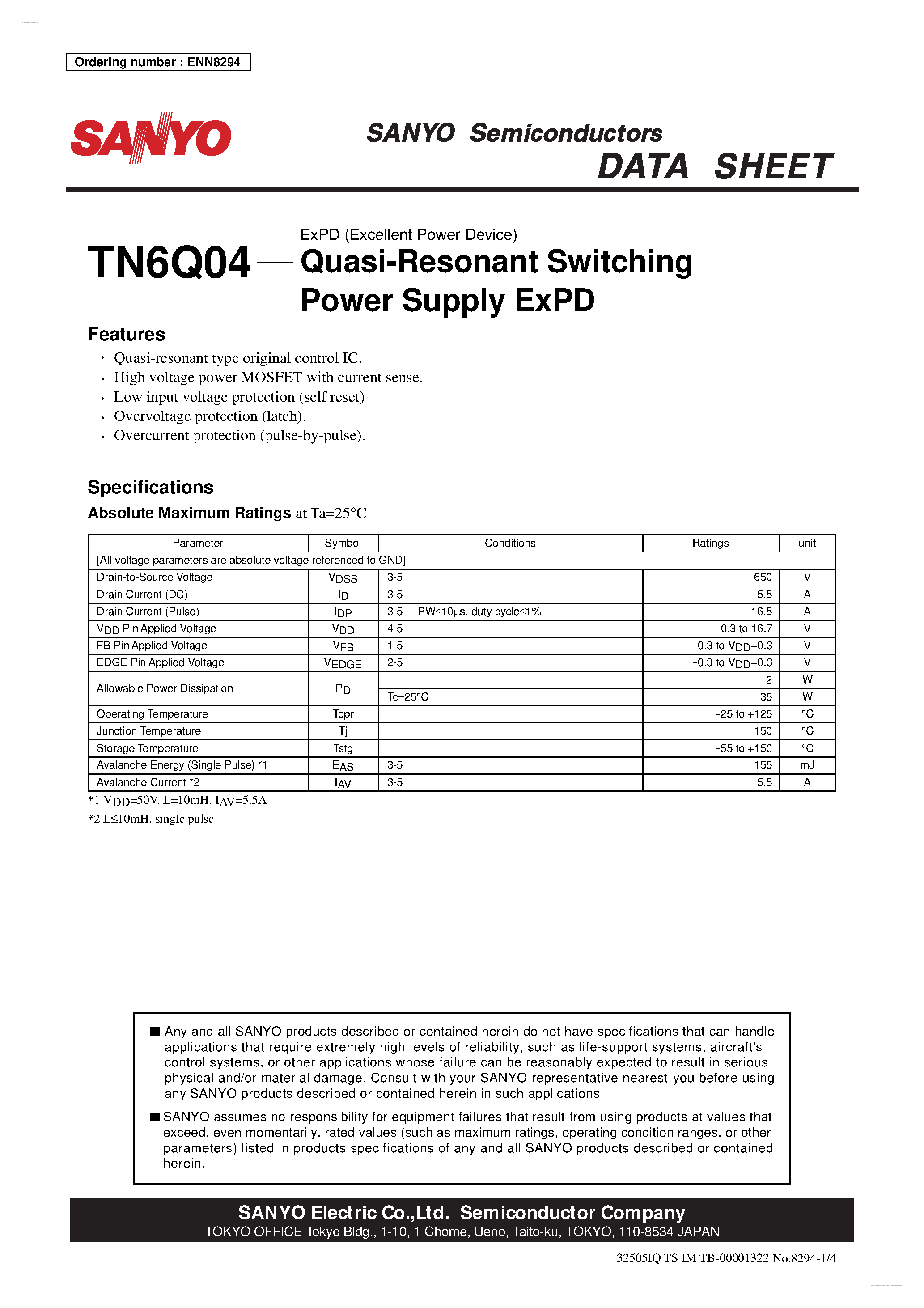 Datasheet TN6Q04 - Quasi-Resonant Switching Power Supply ExPD page 1