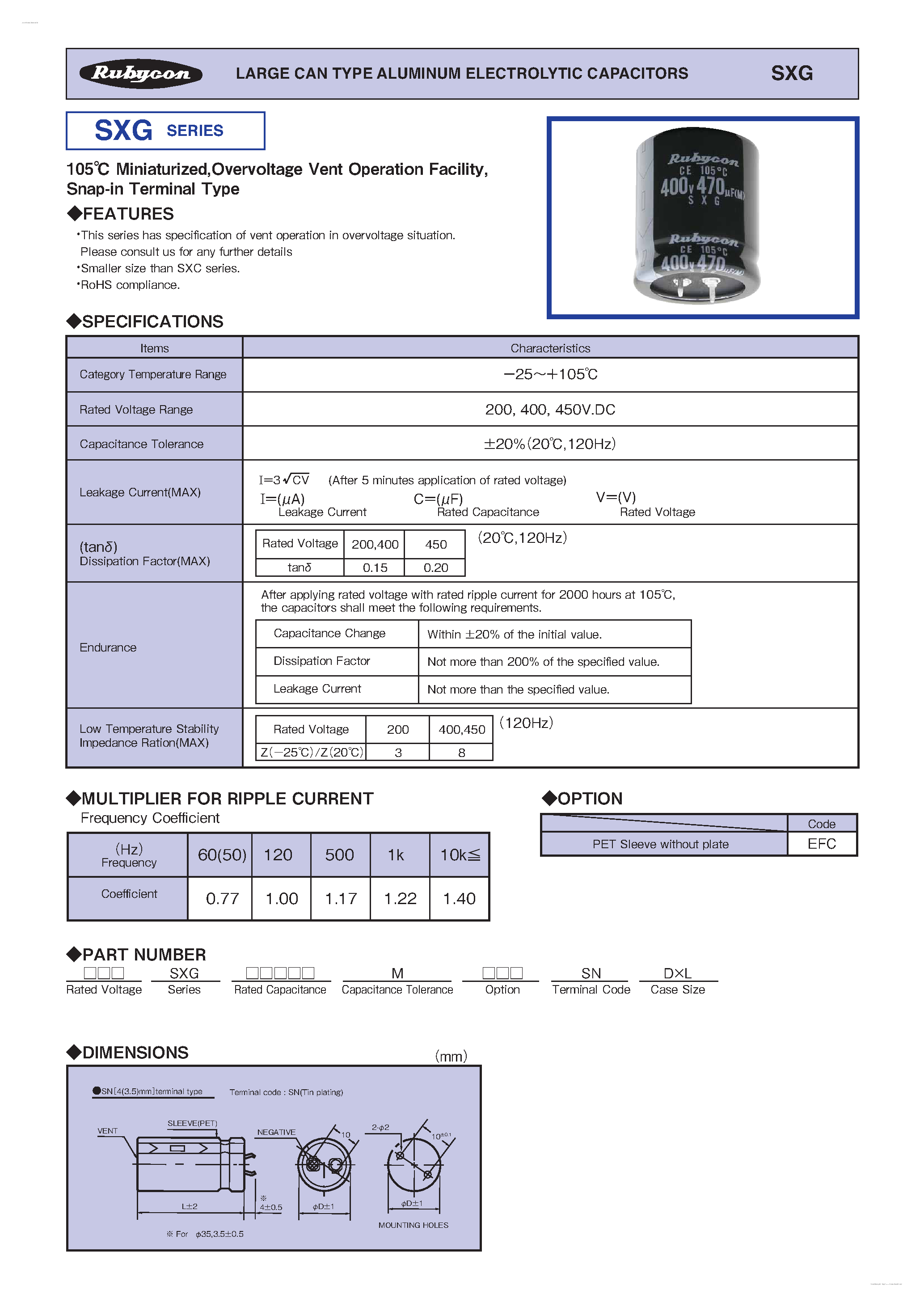 Datasheet SXG page 1 Datasheet SXG - LARGE CAN TYPE ALUMINUM ELECTROLYTIC CAPACITORS page 1