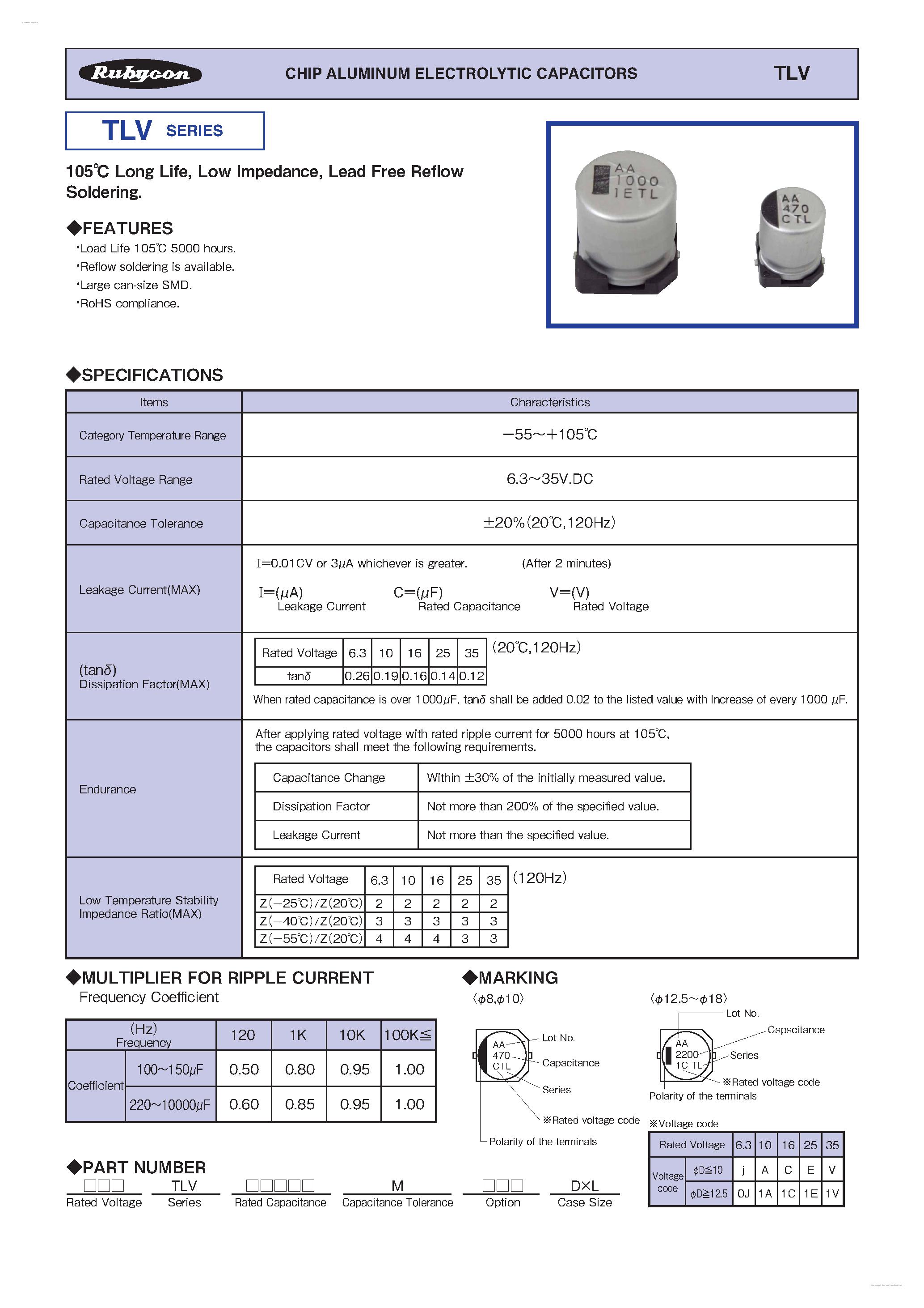 Datasheet TLV - CHIP ALUMINUM ELECTROLYTIC CAPACITORS page 1