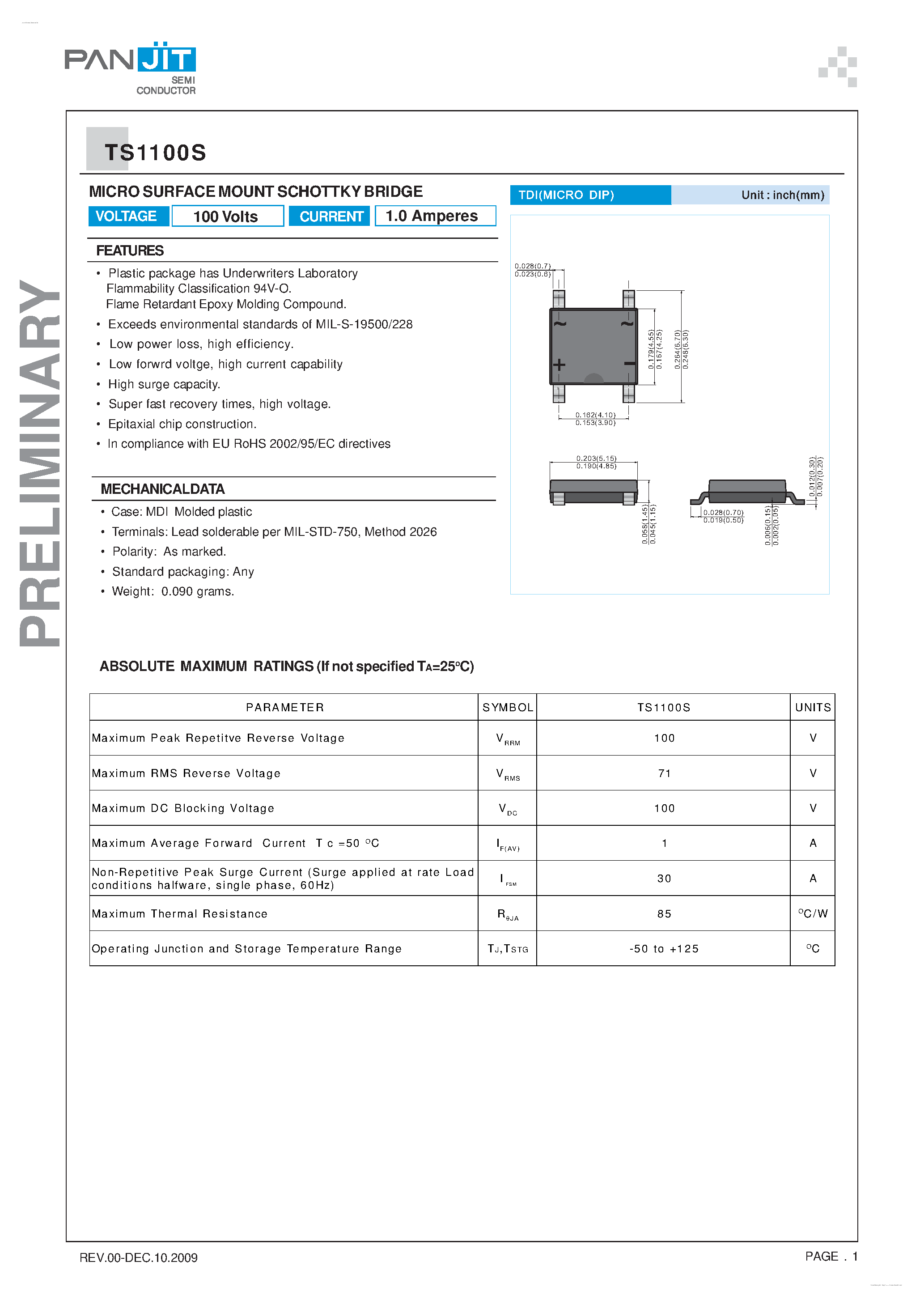 Datasheet TS1100S page 1 Datasheet TS1100S - MICRO SURFACE MOUNT SCHOTTKY BRIDGE page 1