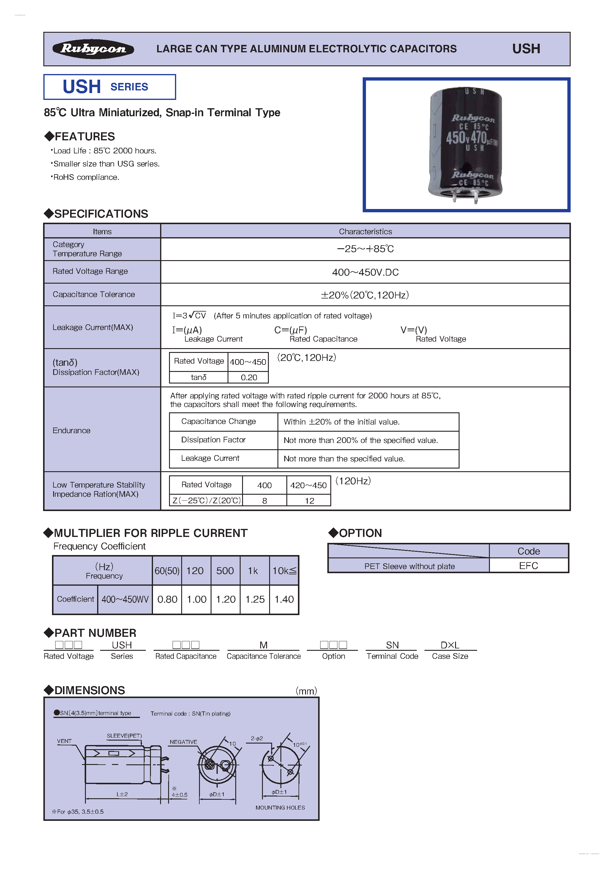 Datasheet USH - MINIATURE ALUMINUM ELECTROLYTIC CAPACITORS page 1