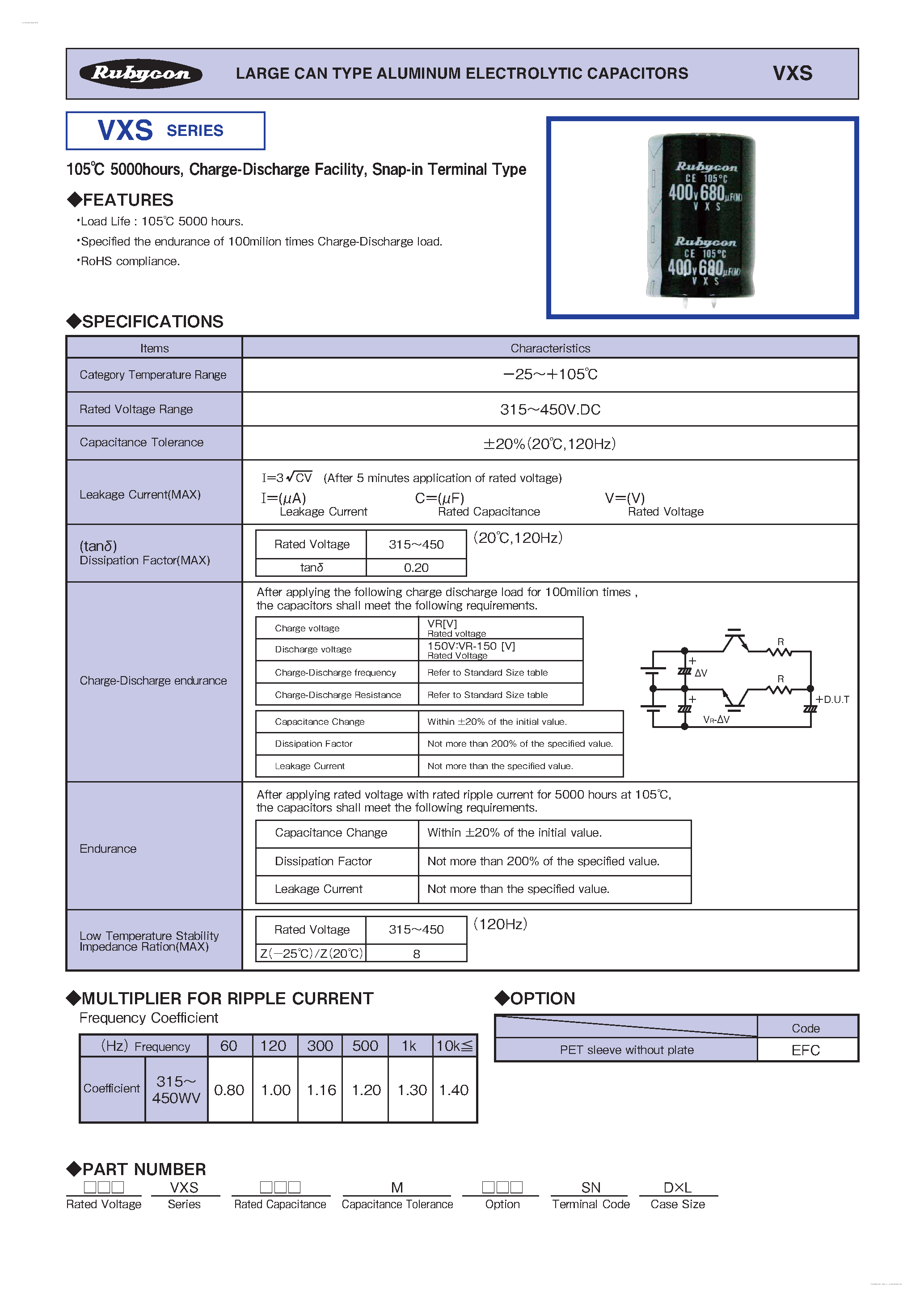 Даташит VXS - LARGE CAN TYPE ALUMINUM ELECTROLYTIC CAPACITORS страница 1