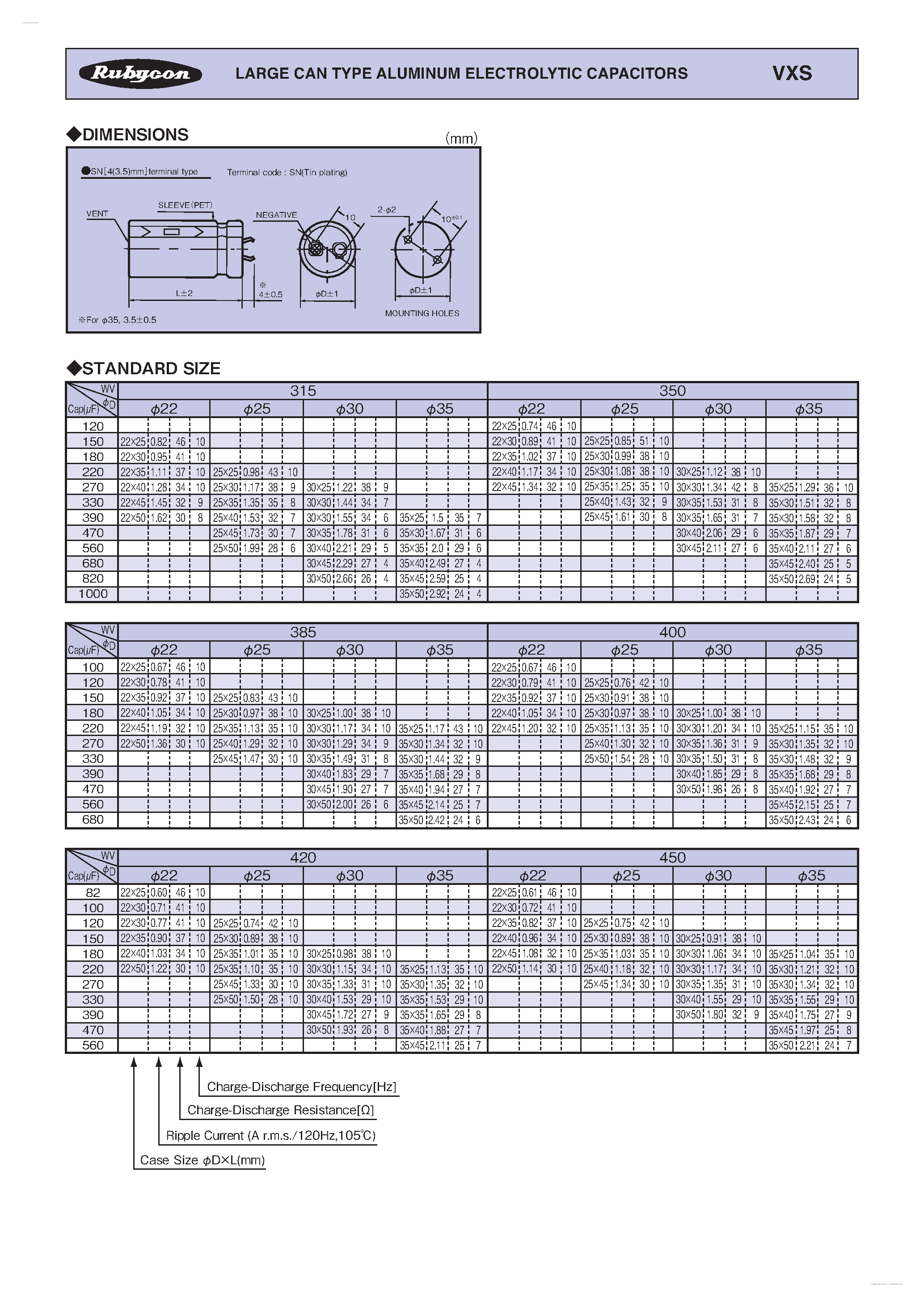 Даташит VXS - LARGE CAN TYPE ALUMINUM ELECTROLYTIC CAPACITORS страница 2