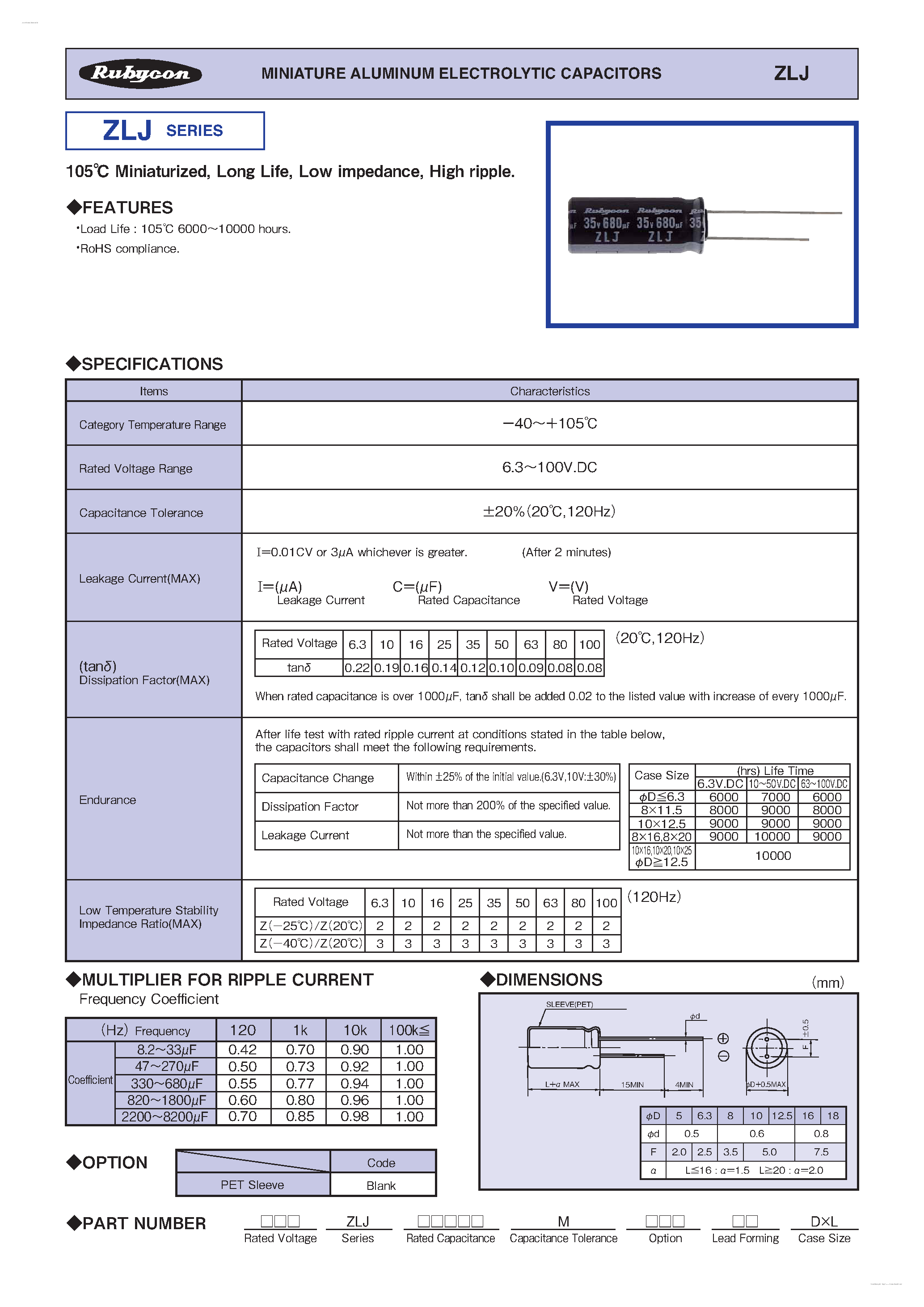 Datasheet ZLJ - MINIATURE ALUMINUM ELECTROLYTIC CAPACITORS page 1