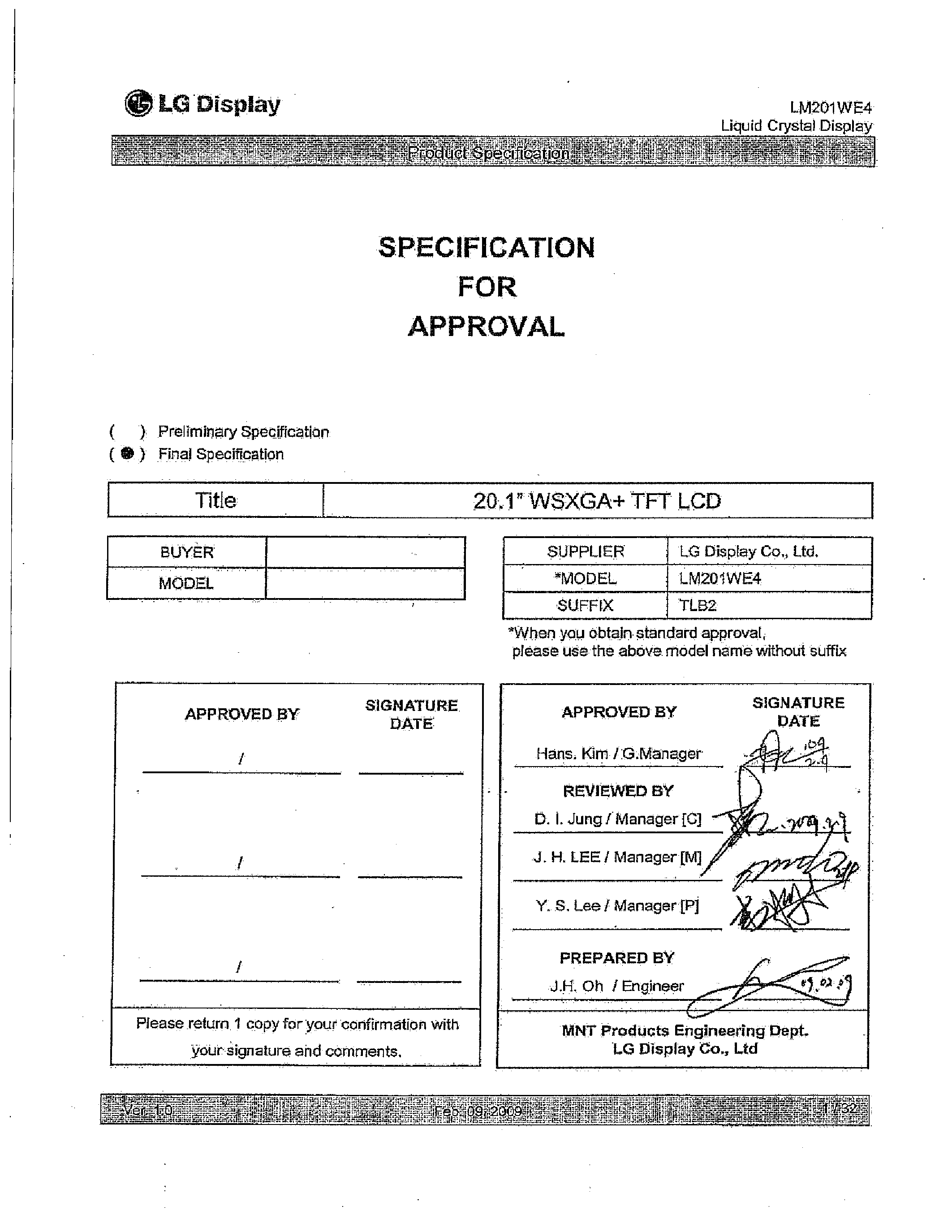 Даташит LM201WE4-TLB2 - Display Module страница 1