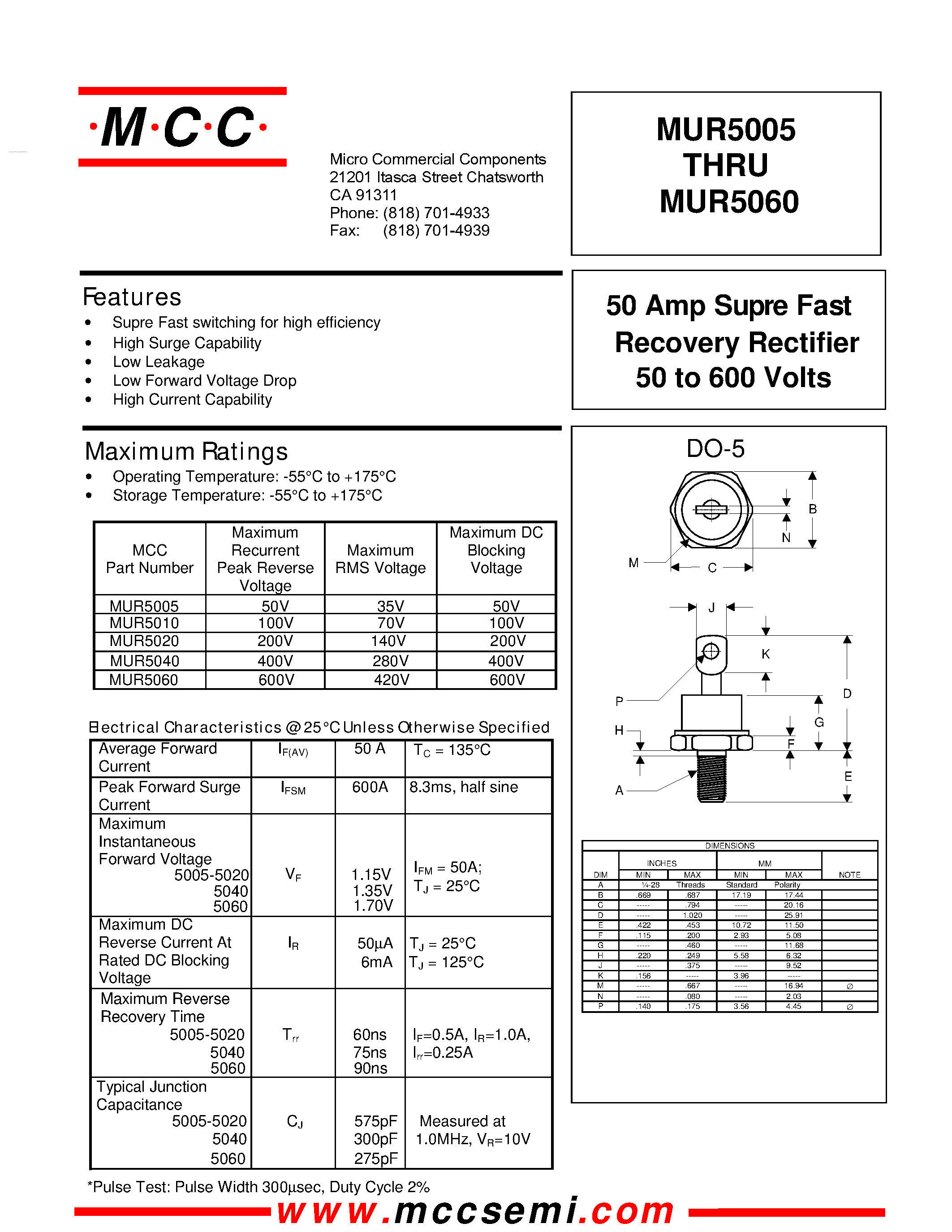 Даташит MUR5005 - (MUR5005 - MUR5060) 50 Amp Supre Fast Recovery Rectifier страница 1