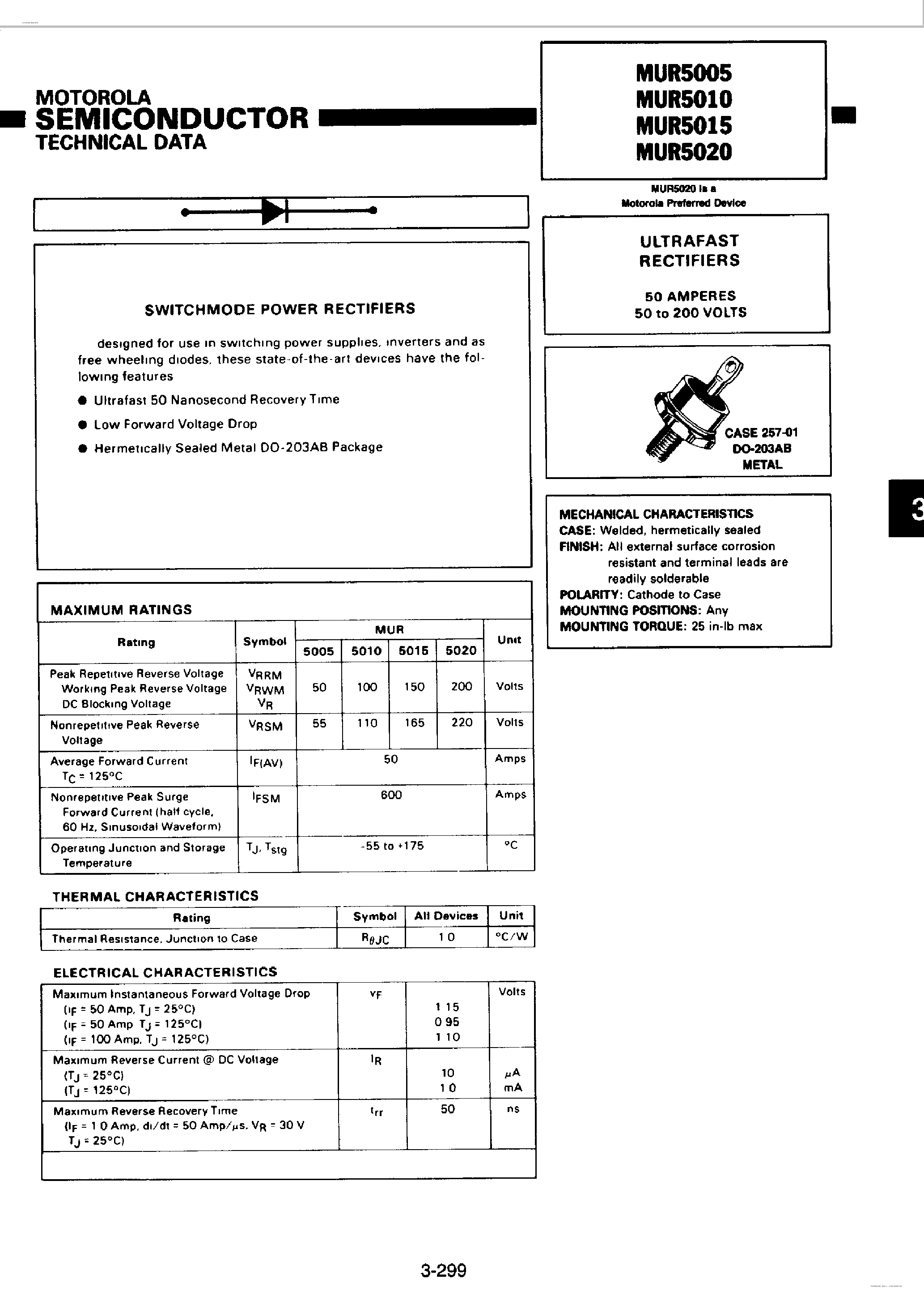 Даташит MUR5005 - (MUR5005 - MUR5020) Fast Recovery Rectifier страница 1