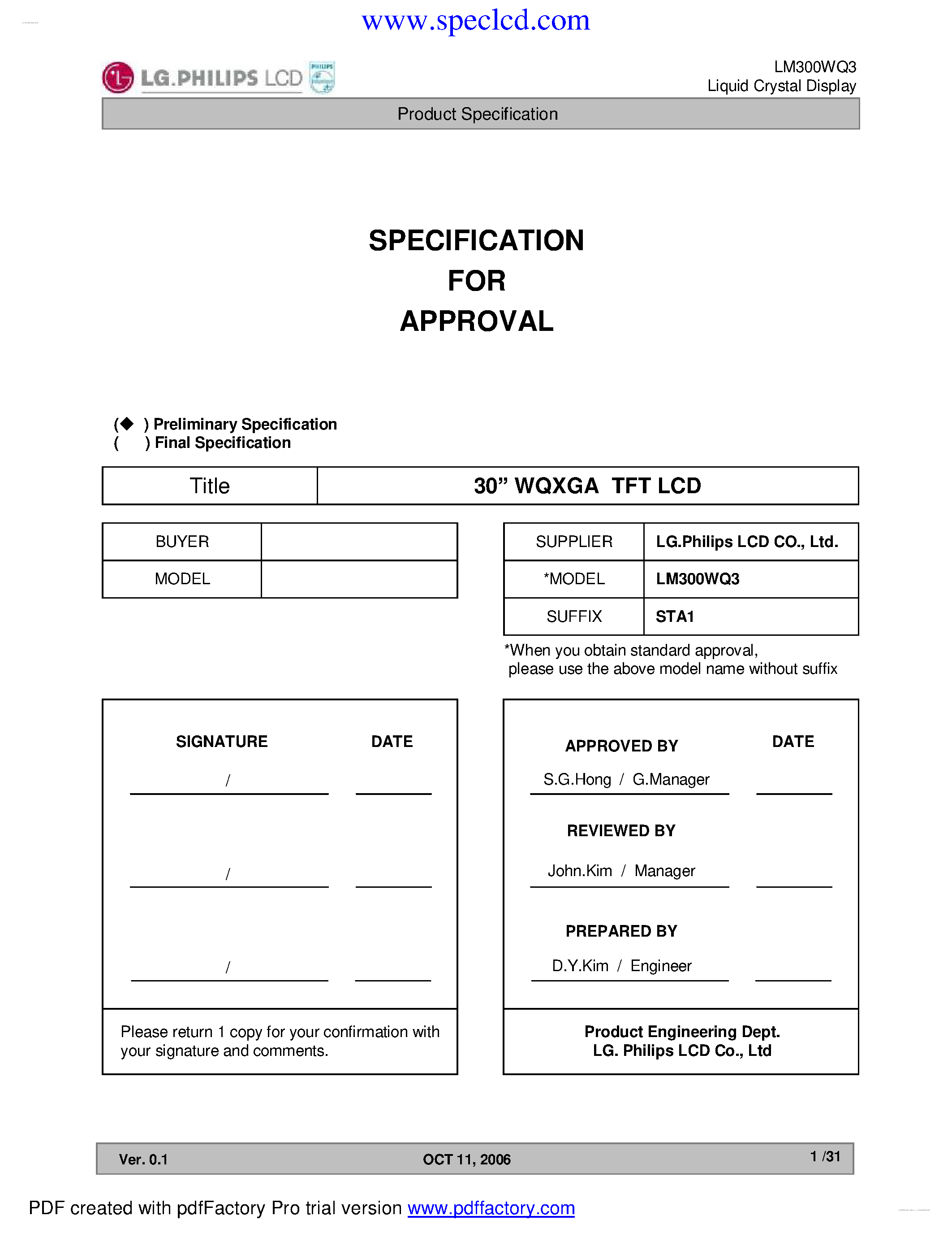 Datasheet LM300WQ3-STA1 page 1 Datasheet LM300WQ3-STA1 - Display Module page 1