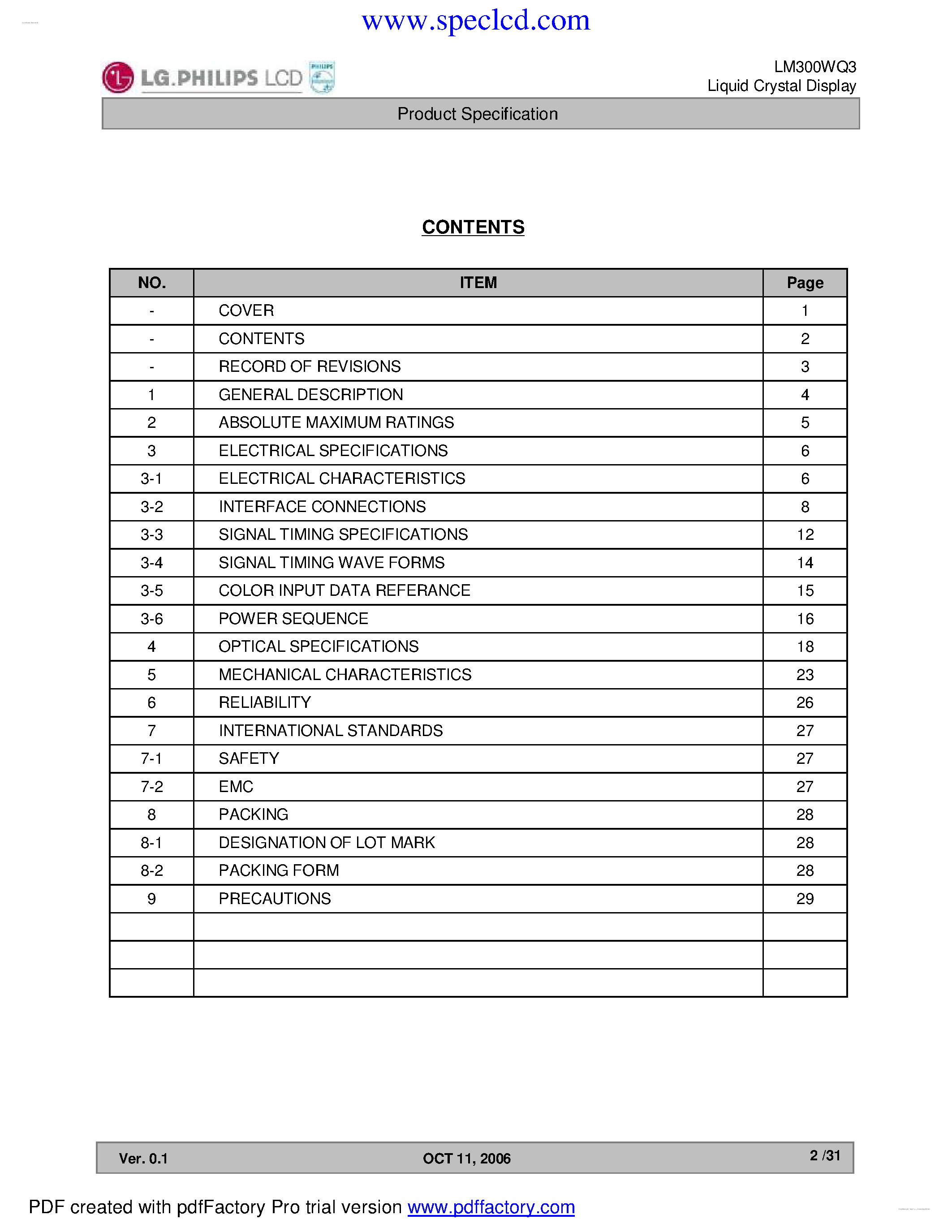 Datasheet LM300WQ3-STA1 page 2 Datasheet LM300WQ3-STA1 - Display Module page 2