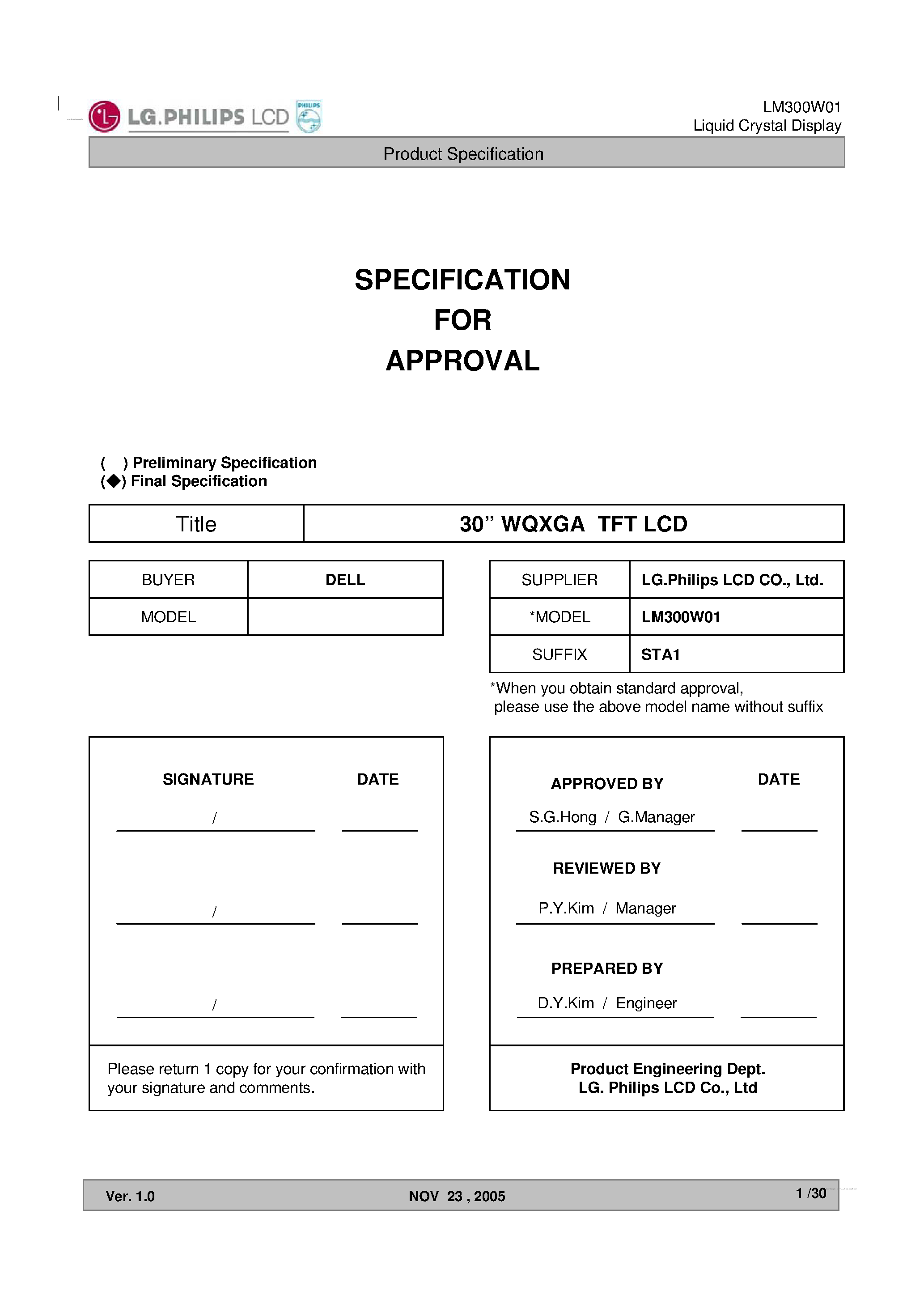 Datasheet LM300W01-STA1 page 1 Datasheet LM300W01-STA1 - Display Module page 1