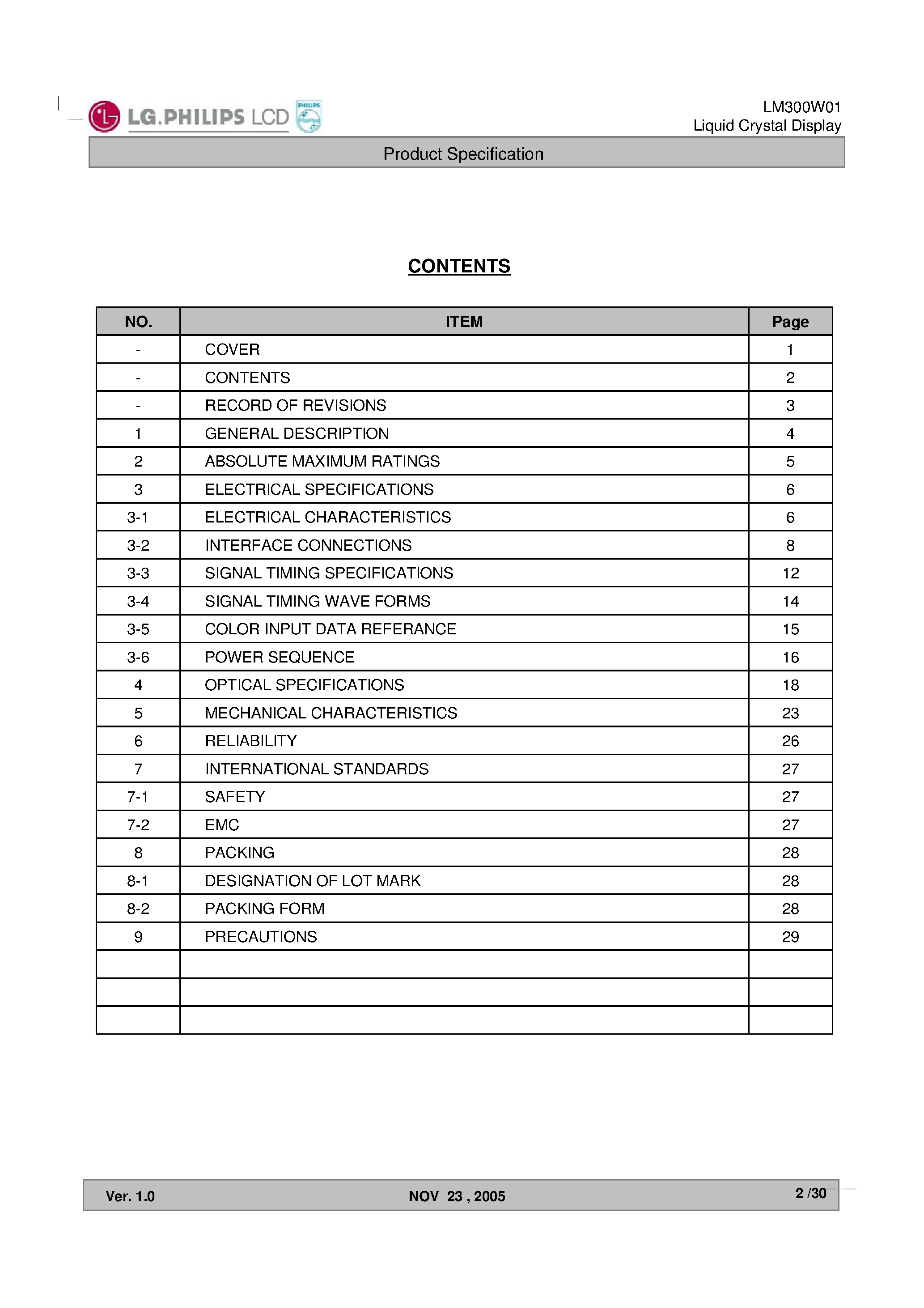 Datasheet LM300W01-STA1 page 2 Datasheet LM300W01-STA1 - Display Module page 2