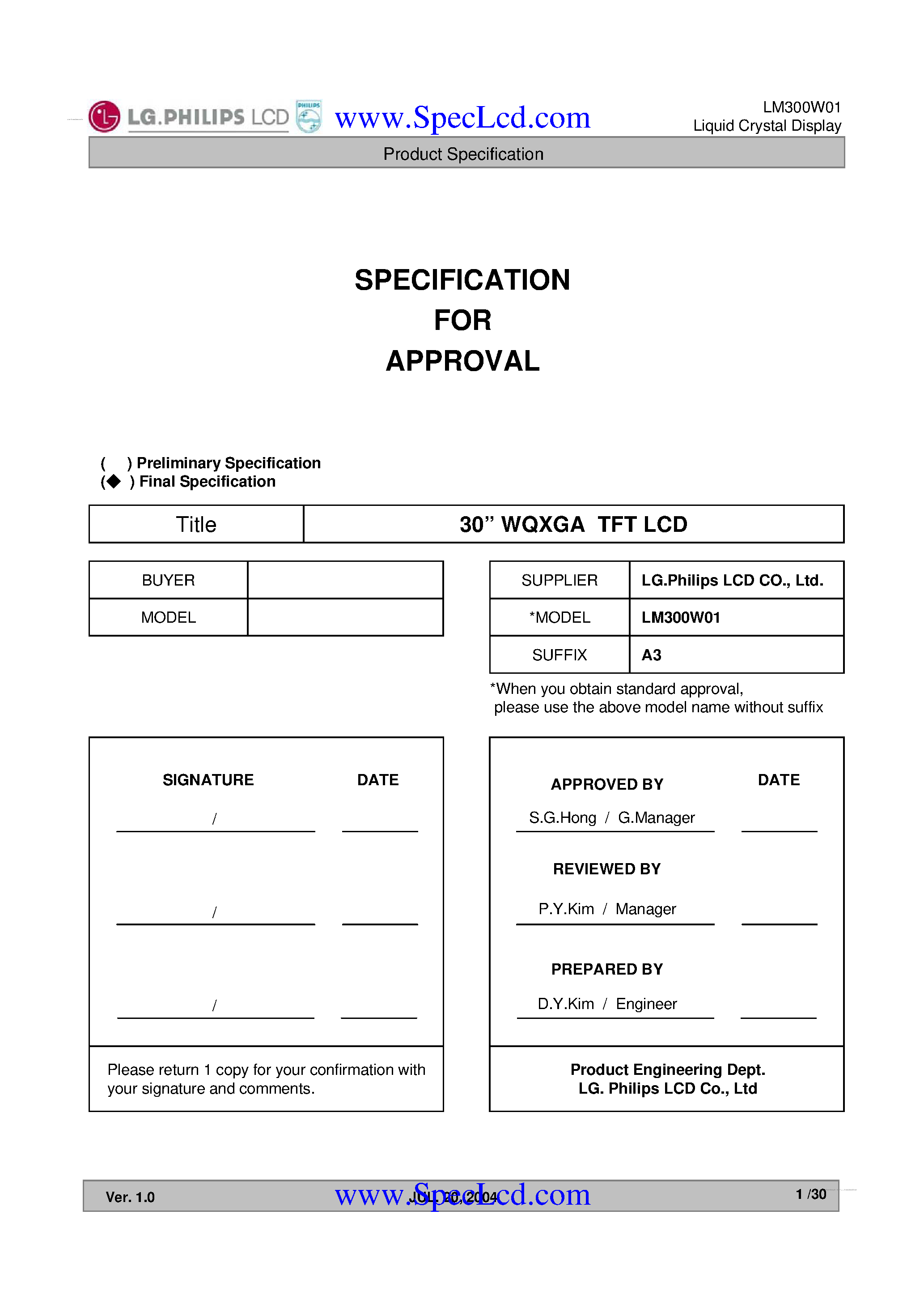 Даташит LM300W01-A3 - Display Module страница 1