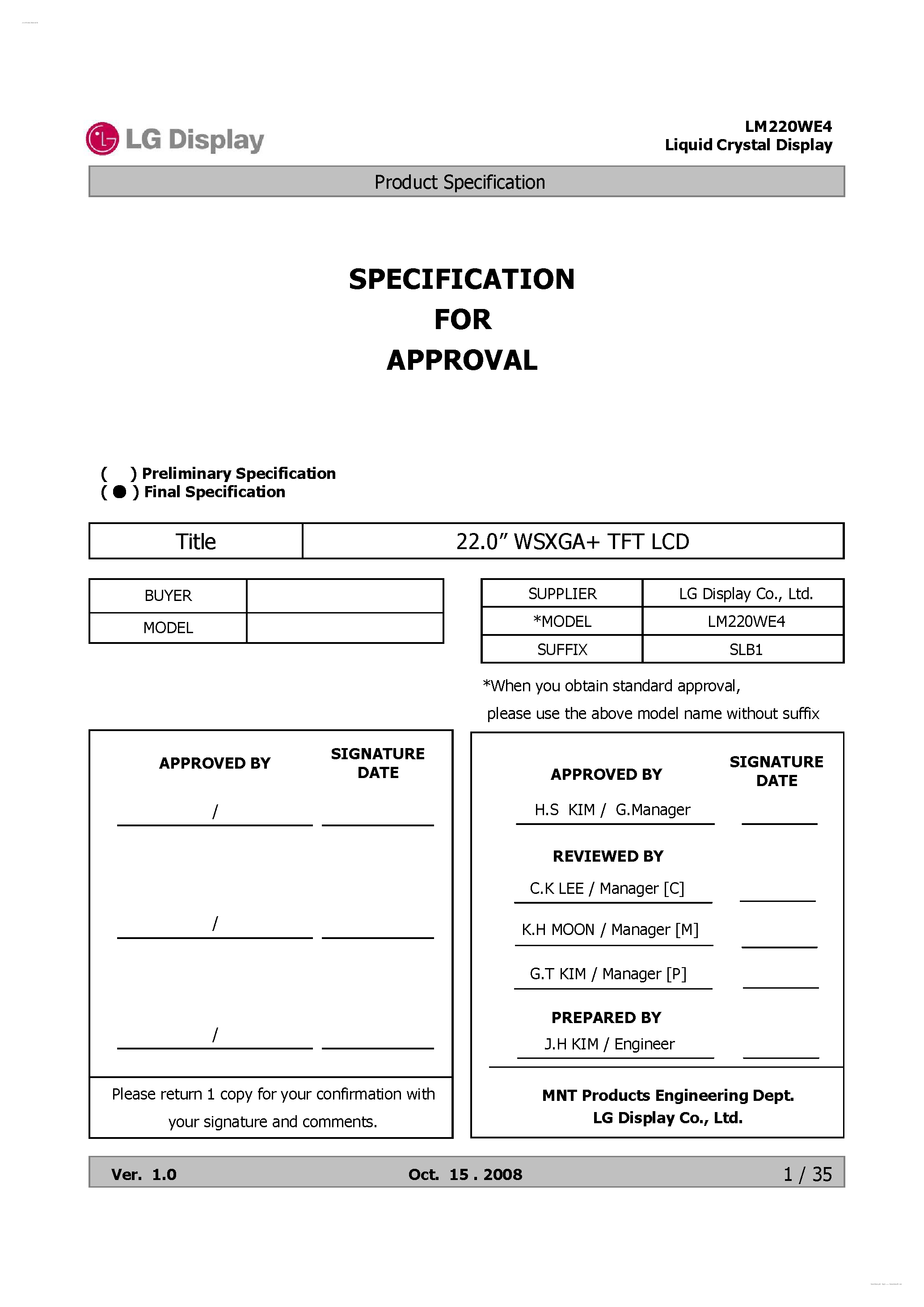 Даташит LM220WE4-SLB1 - Display Module страница 1